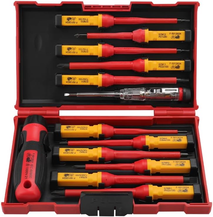 Hoteche VDE Schraubendreher Set 13-teilig - Isolierte Schraubenzieher für Elektriker - SL, PH, PZ, T - 1PCS VDE Elektroprüfer - Rot/Schwarz Kunststoffbox