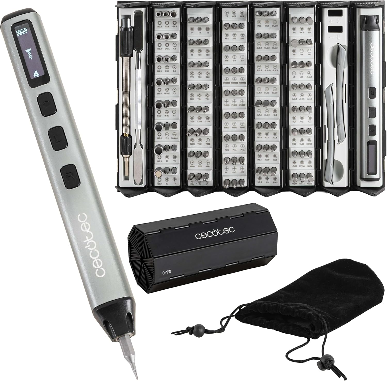 Cecotec Schraubendreher-Set PrecissionGyro 100 Set. 39-tlg., 30 S2-Stahl-Bits, Bit-Magnetisierer, ultrakompakter Koffer mit Organizer, für Smartphone, Tablet, Laptop, Brille & Uhren