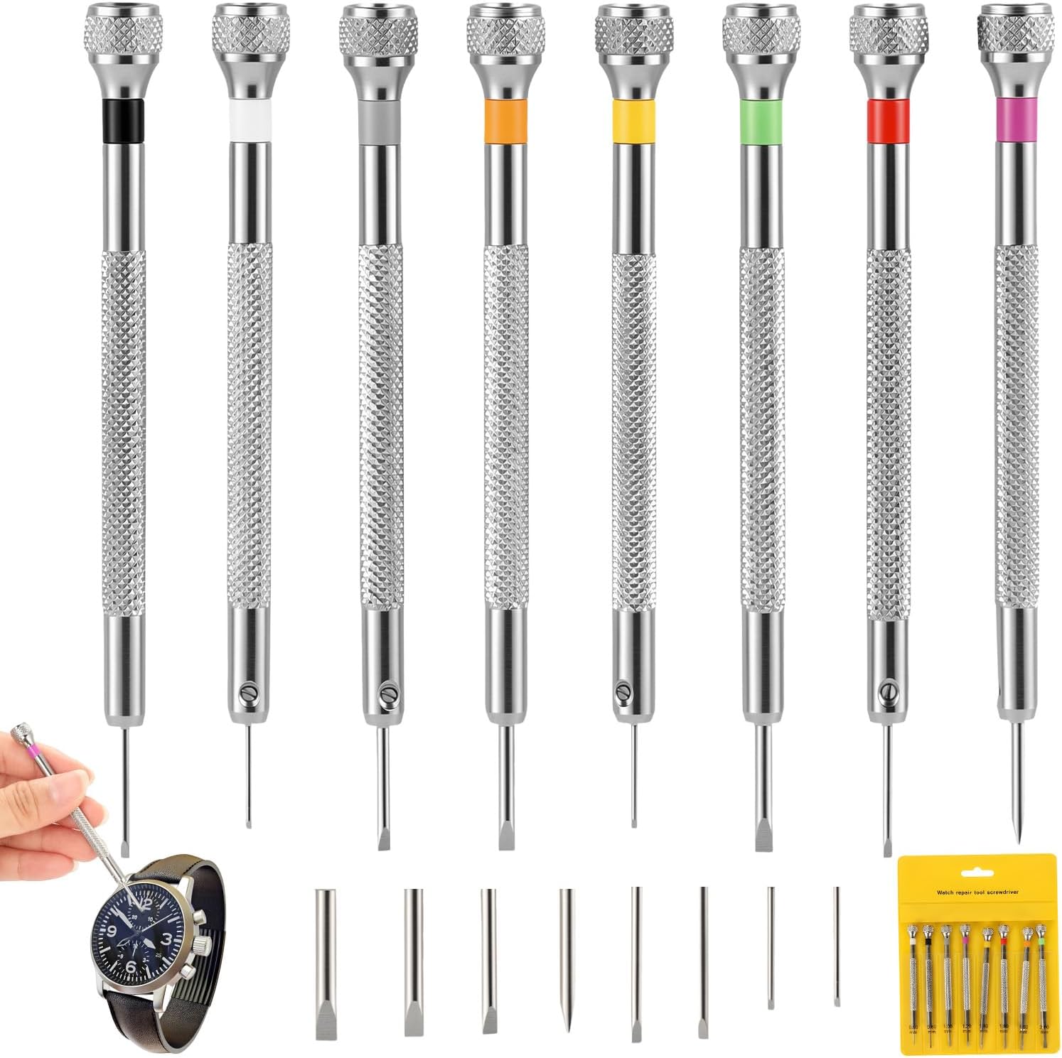 AiQInu Präzisions-Schraubendreher-Set, Uhrmacher-Werkzeug-Set mit Entmagnetisierer, 8-teiliger Schlitz-Schraubendreher für Uhren, Brillen, Handys und Elektronik-Reparaturen