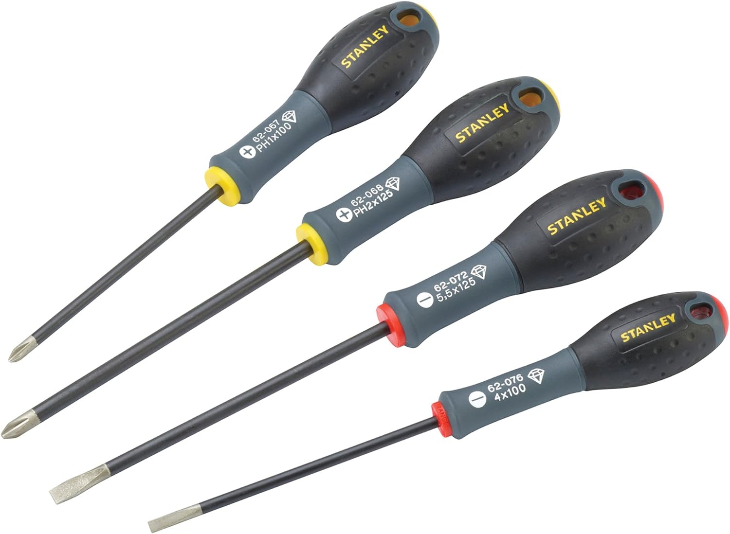 Stanley FatMax Schraubendreher/Schraubenzieher, 4-teiliges Set bestehend aus PZ1, PH2, 4/5.5mm, mit Diamantspitze, ergonomischer Drei-Komponenten-Handgriff, Klinge aus Qualitätsstahl, FMHT0-62060