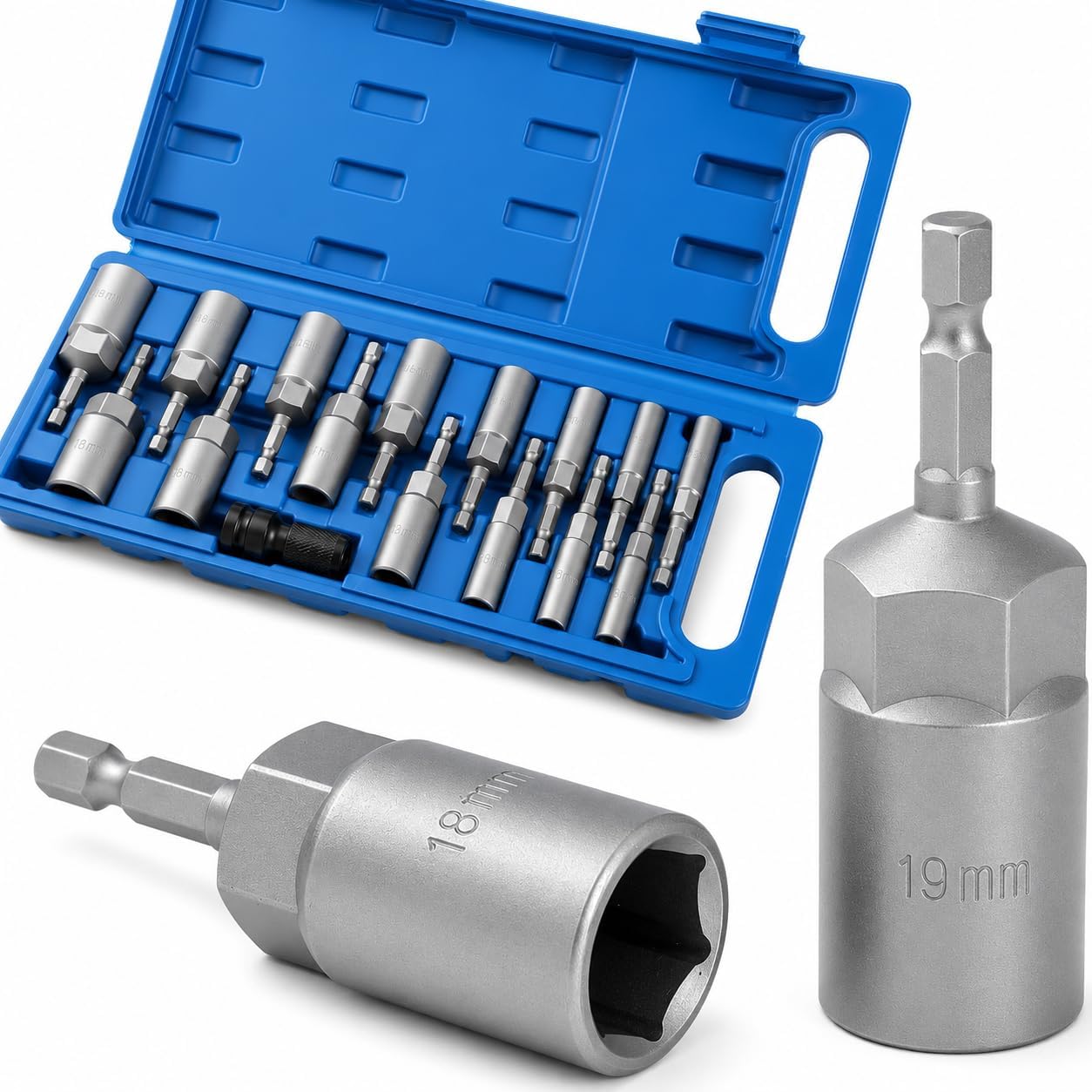KATSU Tools 16-teiliges Tiefsteckschlüssel-Set für Muttern, Metrisch 5,5-19mm, 1/4" Sechskantschaft, Magnetisch, für Bohrmaschine und Elektroschrauber, 80mm Länge