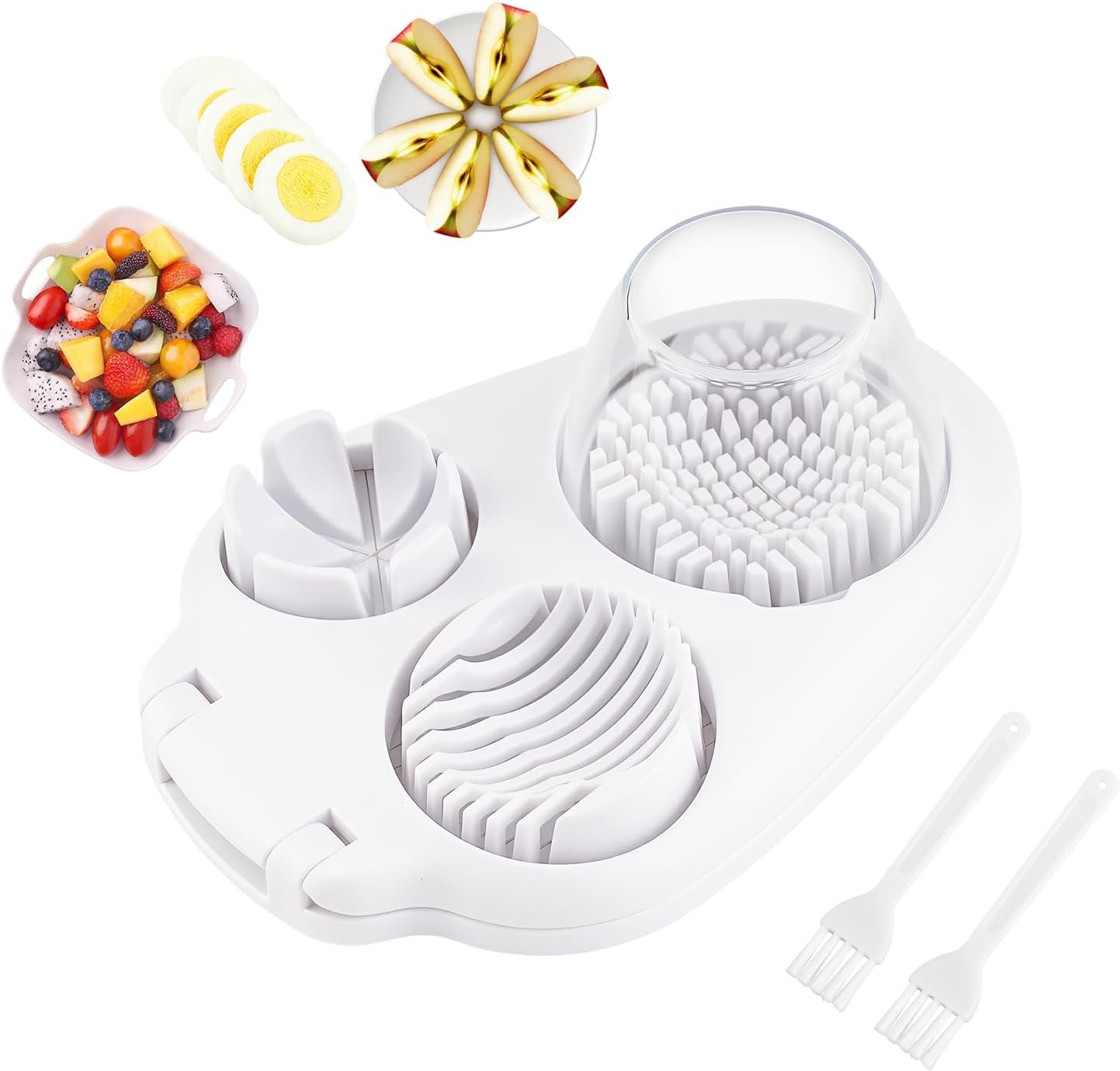 3 in 1 Eierschneider Edelstahl - Mehrzweck Schneider mit 2 Stück Reinigungsbürste, Erdbeerschneider, Eierschneider Professional mit Abdeckung, für Eier, Einige Gemüsesorten und Weiche Früchte