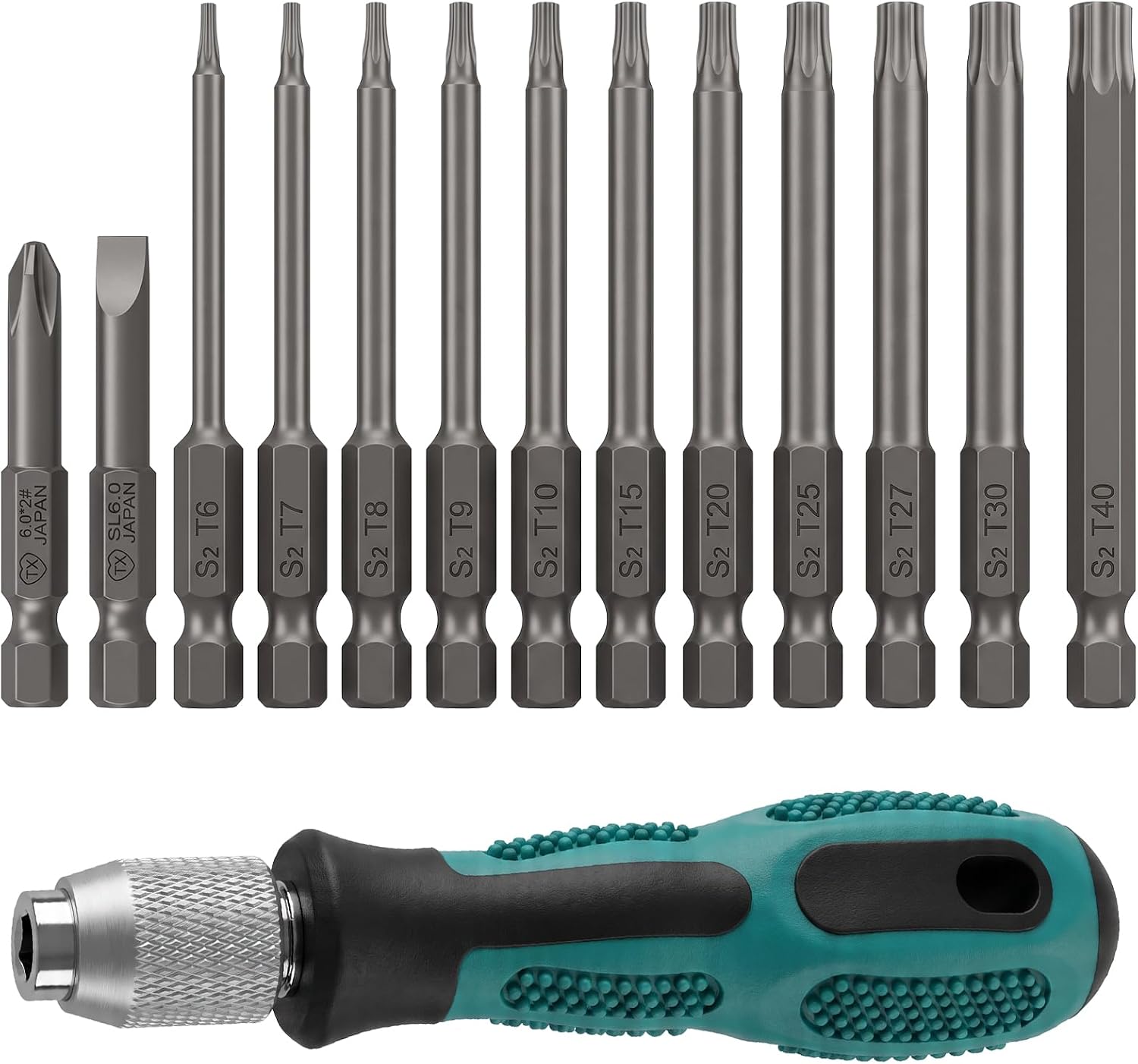 11 Torx Bit Set Lang, 1 Kreuzschlitzbit, 1 Schlitzbit, 1 Griff
