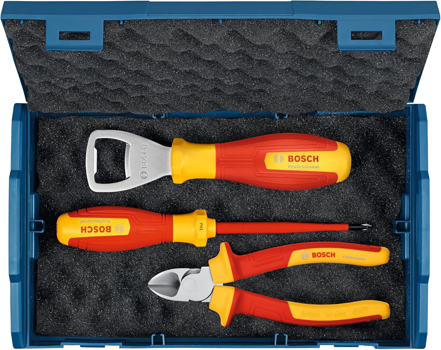 Bosch Professional 3-tlg. Handwerkzeug-Set (inkl. 1x VDE-Schraubendreher (PH1), 1 x VDE-Seitenschneider (160mm) und 1 x Flaschenöffner, in L-Boxx Mini)