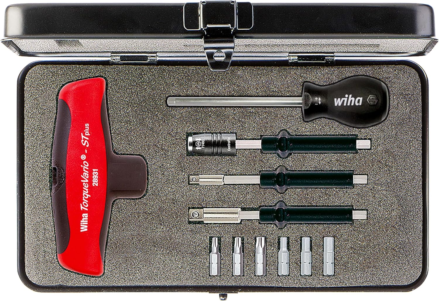 Wiha Drehmoment-Schraubendreher mit Quergriff Set TorqueVario-S , 12-teilig I mit Box I 5-14 Nm I T-Griff I Innensechskant, TORX (29234)