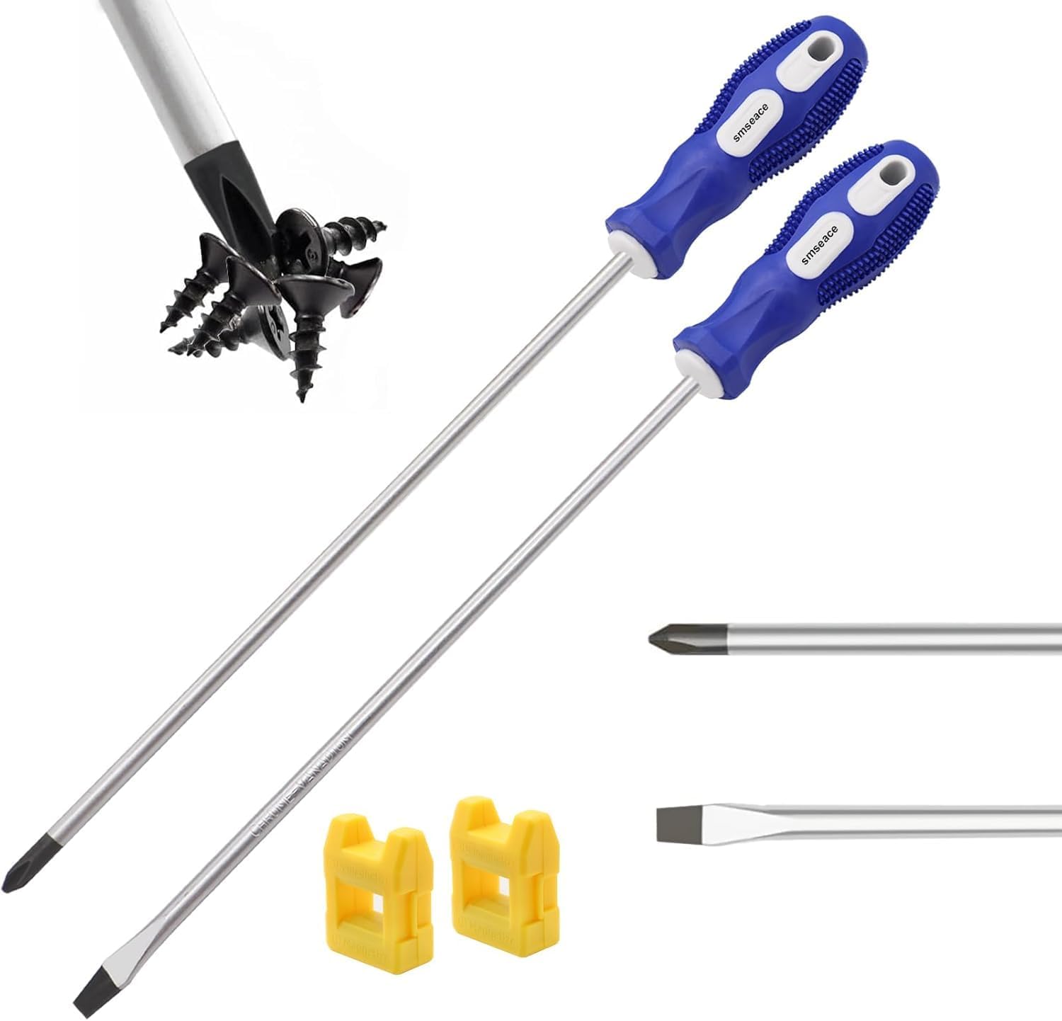 mxuteuk 2 Stücke mit 12-Zoll-Wort- und Kreuzschraubendreher-Kit, langes, flaches und kreuzendes Design, magnetischer Verlängerungsschraubendreher mit Gummengriff