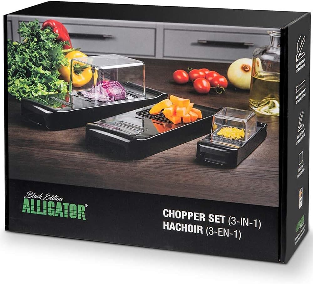 ALLIGATOR 3002 – Multifunktions-Zerkleinerer 3-in-1 – Gemüseschneider – Zwiebelschneider – Pommesschneider – 3 austauschbare Klingen – 3 x 3 mm 6 x 6 mm 12 x 12 mm – BPA-frei – Schwarz
