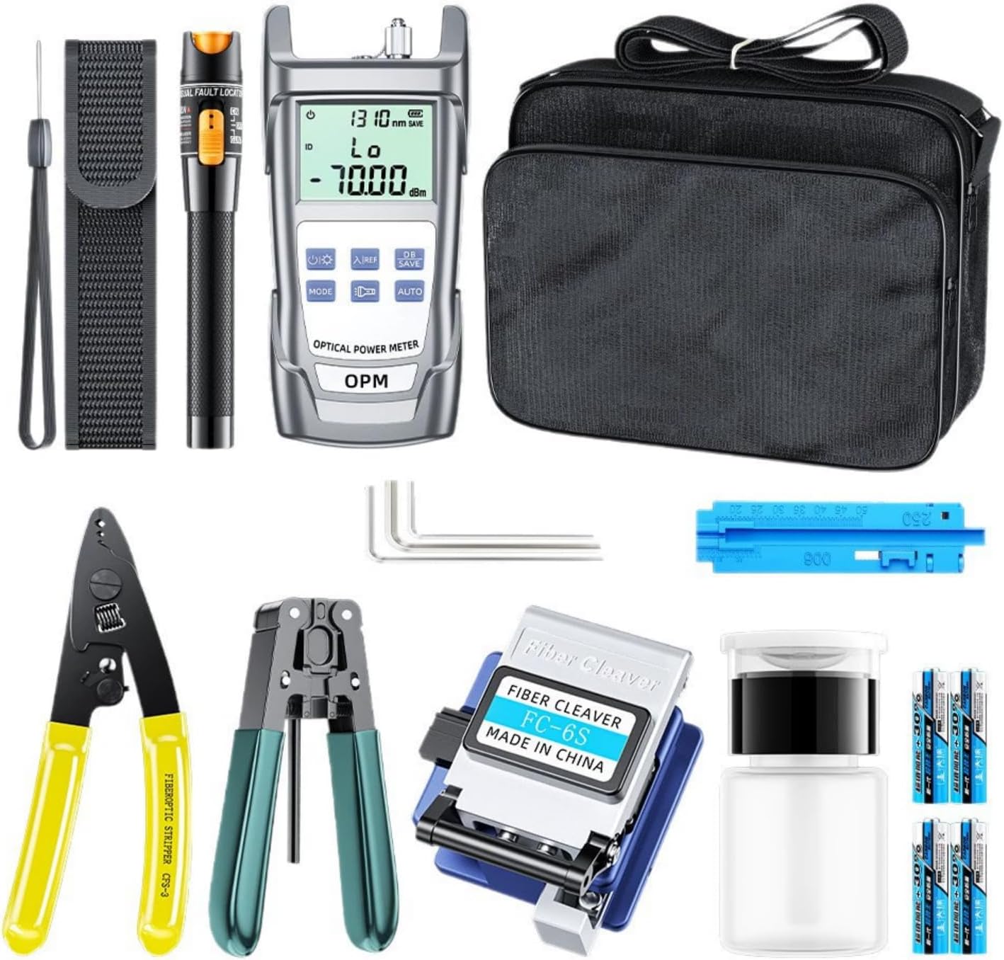 Glasfaser-Werkzeug-Set, Faser-Hackmesser, Kaltkontakt-Schneidwerkzeug-Set mit optischem Leistungsmesser, roter Stift, Abisolierzange, Aufbewahrungstasche