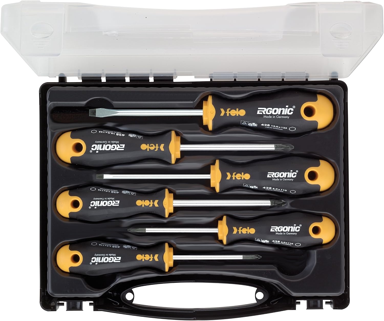 Felo SD ERGONIC Schraubendrehersatz (6-tlg., mit 3K-Griff, im Tragekoffer, mit SL/PH Profilen, Schraubenzieher, Werkzeug, Handwerk, Handwerker Zubehör) 00040010636
