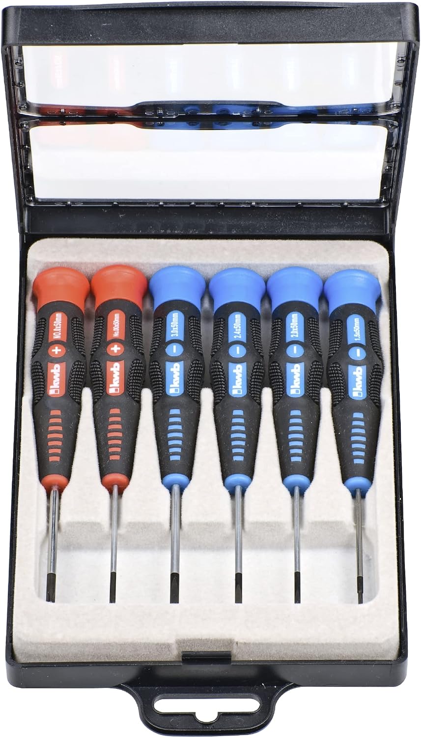 kwb Präzisions-Schraubendreher Set Kreuz + Schlitz für Fein-Mechanik, Mini-Schraubenzieher f. Uhrenmacher/Feinmechaniker, Werkzeug-Satz in Aufbewahrungs-Box, mit Dreh-Kopf und 2-Komponentengriff