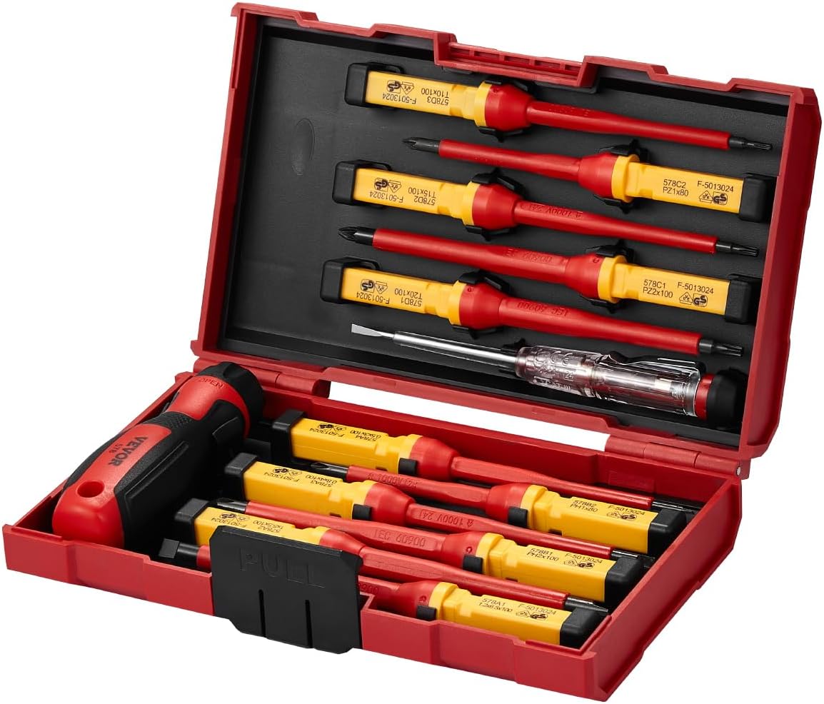 VEVOR isolierter Schraubenziehersatz 13-tlg. elektrischer Schraubendrehersatz, isolierter Elektriker-Werkzeugsatz, mit magnetischen Kreuzschlitz-, Schlitz- und Pozidriv-Torx-Spitzen, Schraubendreher