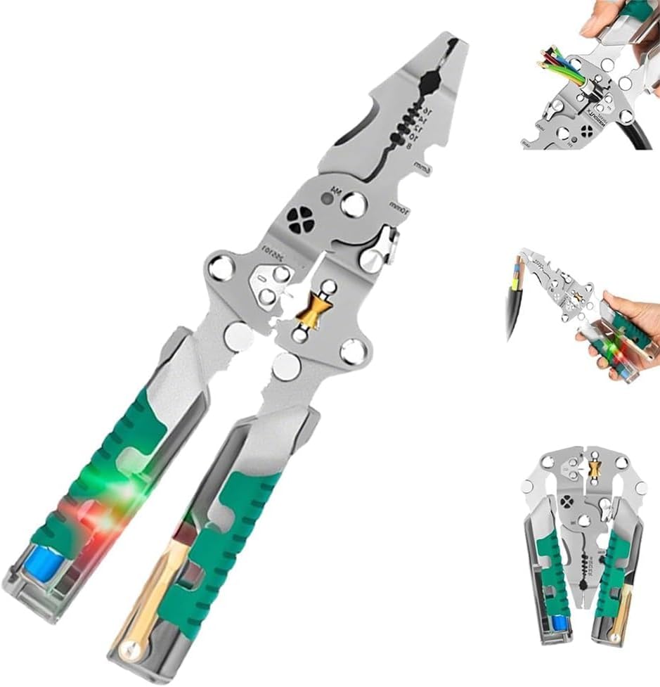 10-in-1 Abisolierzange, Faltbar Stylus Schraubendreher, Abisolierzange, Multifunktion Abisolierwerkzeug mit Spannungsprüfer, Crimpzange mit Anti-Rutsch Griff für Schneiden und Ziehen (A)