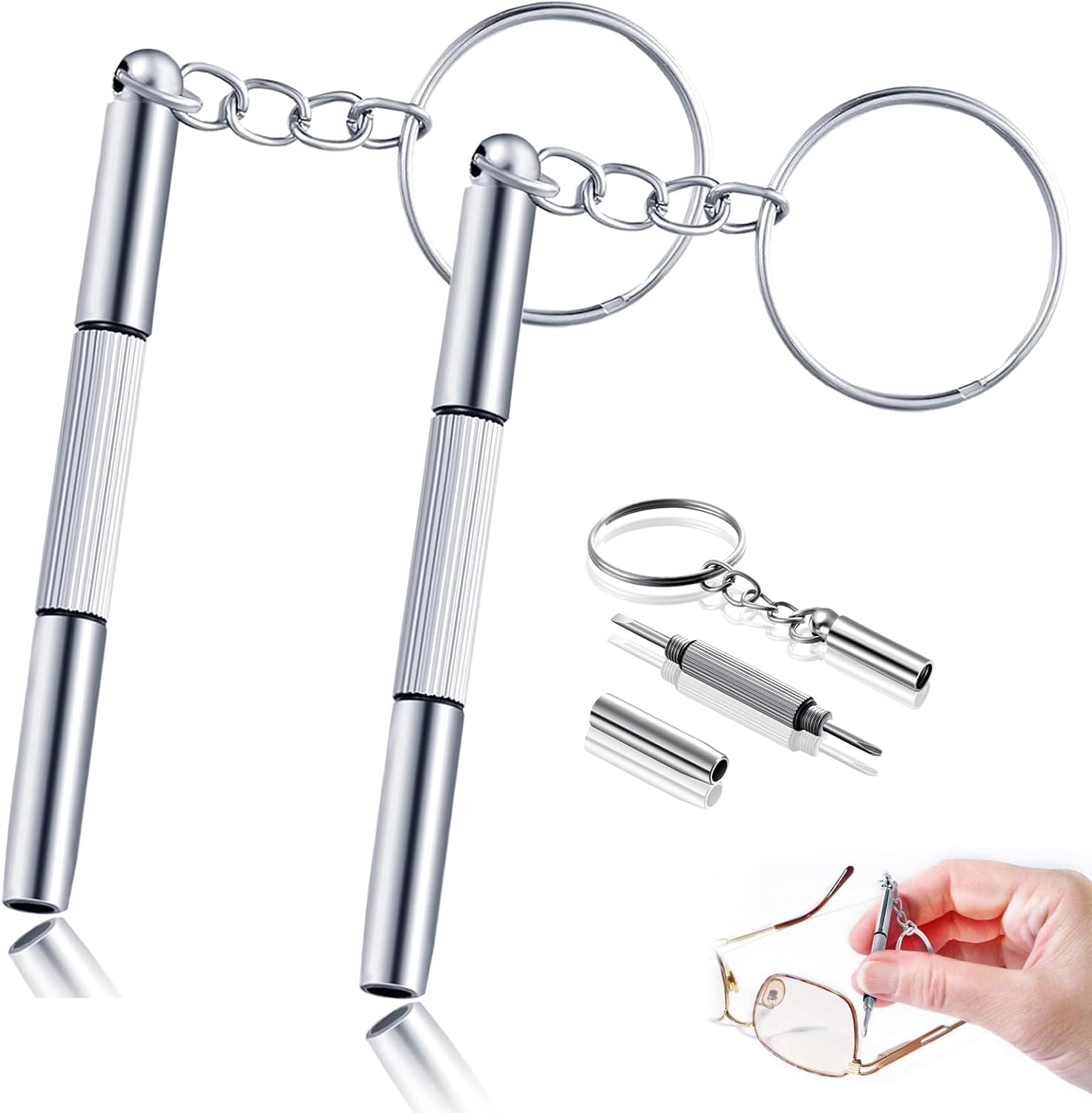 3 in 1 Mini Schraubendreher Set, 2 Stück Mini Brillen Schraubendreher Schlüsselanhänger, Tragbar Edelstahl Screwdriver Schlüsselbund Kleines Schraubenzieher für Sonnenbrillen Schmuck und Uhren Reparat