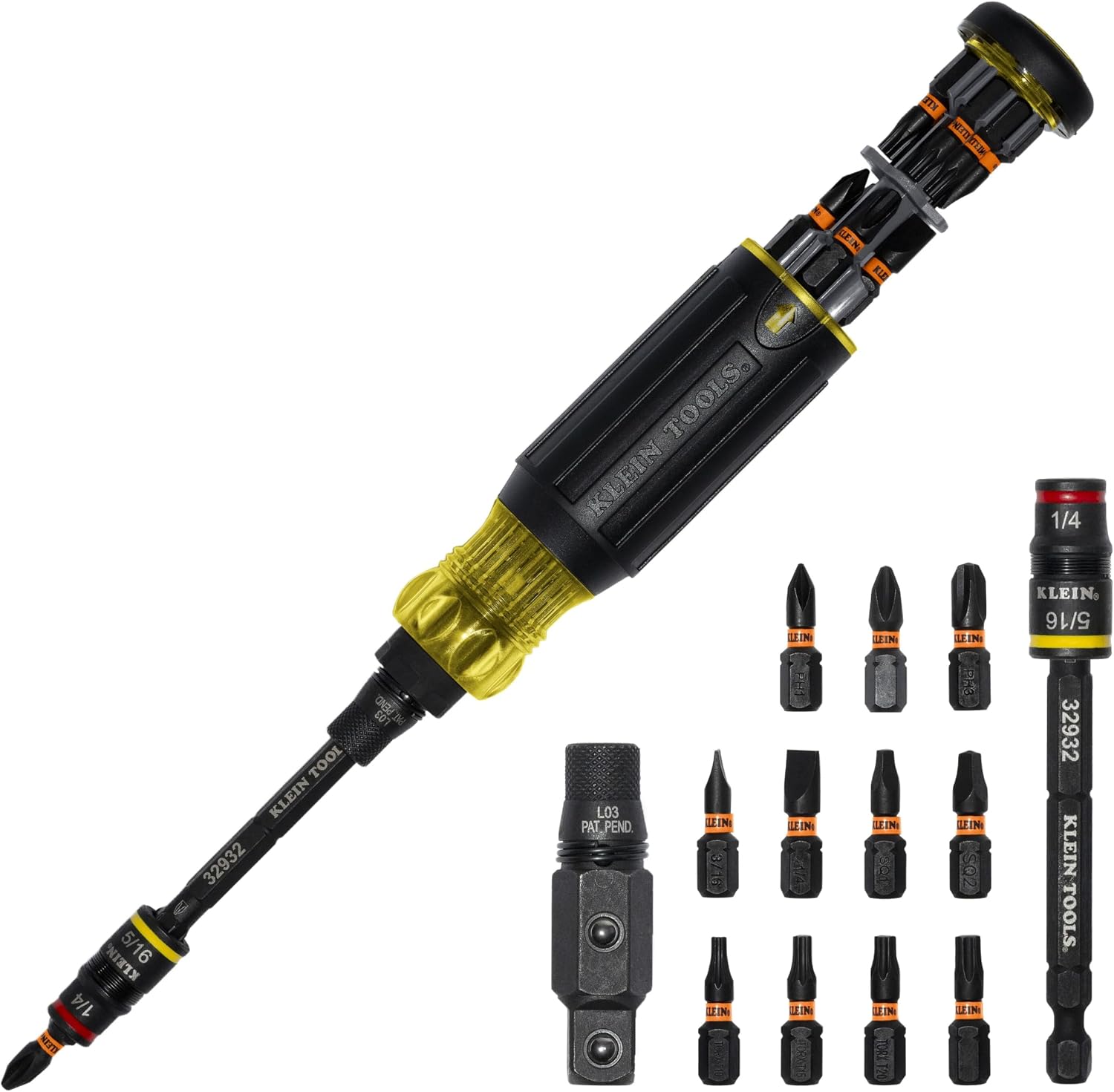 Klein Tools 32516HD KNECT 16-in-1-Hybrid-Schraubendreher/Muttern-Schraubendreher, magnetisch, Klapp-Stecknuss, 11 Bits, 2 Steckschlüssel, 3/8-Zoll-Vierkantadapter
