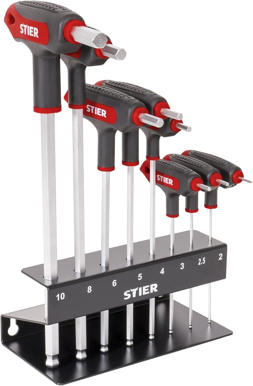 STIER T-Griff-Schraubendreher-Satz 6kt, 2-10mm, 8-teilig, aus hochwertigem Chrom-Vanadium-Stahl, mit Metall-Halter, Schraubendreher-set mit optimaler Kraftübertragung