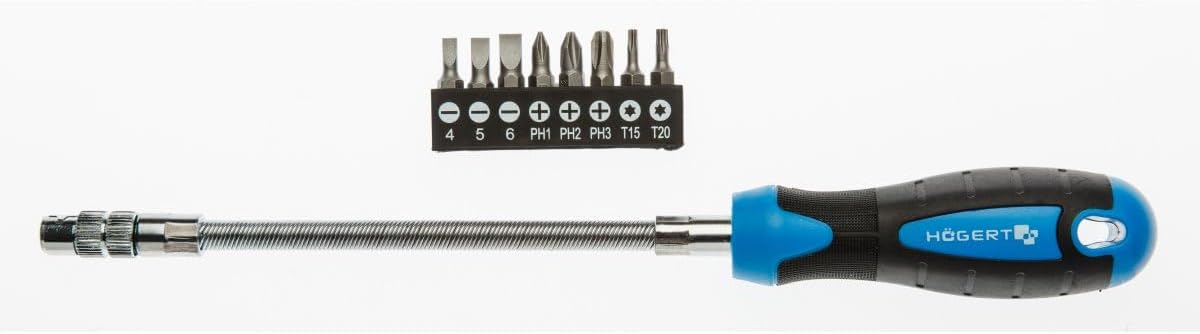 Schraubendreher mit elastischer Spitze und wechselbaren Bit-Satz