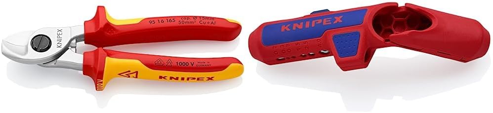 Knipex Kabelschere verchromt, isoliert mit Mehrkomponenten-Hüllen, VDE-geprüft 165 mm 95 16 165 & ErgoStrip® Universal-Abmantelungswerkzeug für Rechtshänder 135 mm 16 95 01 SB