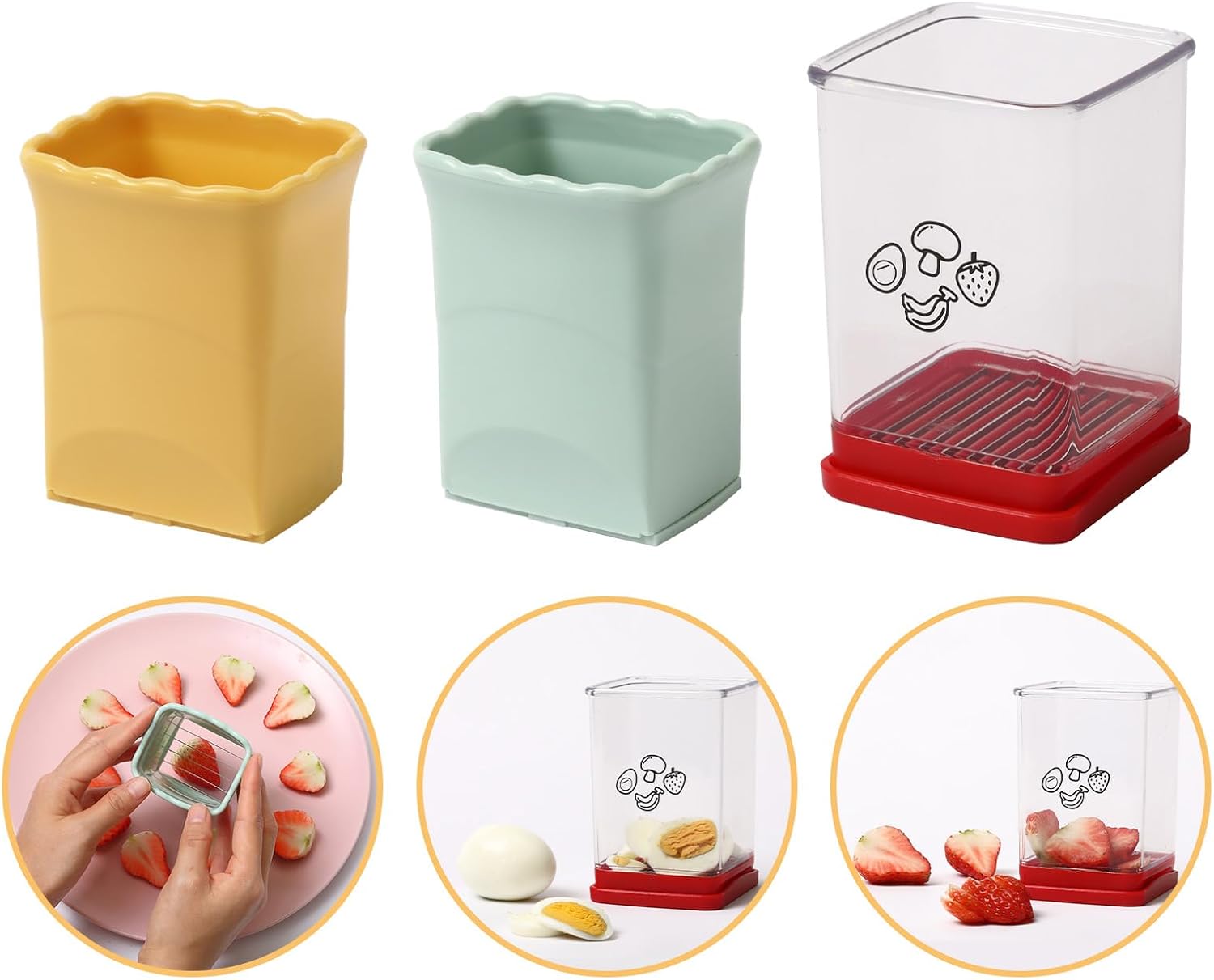 3er-Pack Tassenschneider, Obstschneider, Gemüsehobel mit Druckplatte, Eierschneider, Bananenschneider, Erdbeerschneider, schnelle Herstellung von Obst, Gemüse, Salat, weiche Früchte