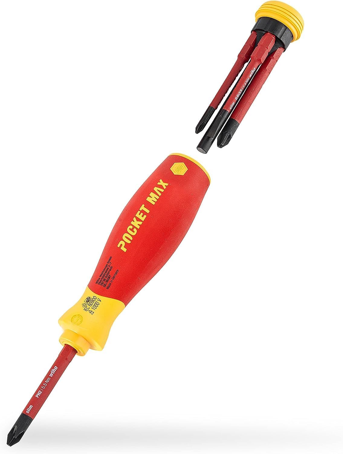 Wiha Schraubendreher Set gemischt PocketMax electric 4-tlg. mit verstaubarem Bit (45296) I Schraubenzieher Satz mit Magazin aus slimBits für Elektriker I Schlitz / Kreuzschlitz / Plusminus