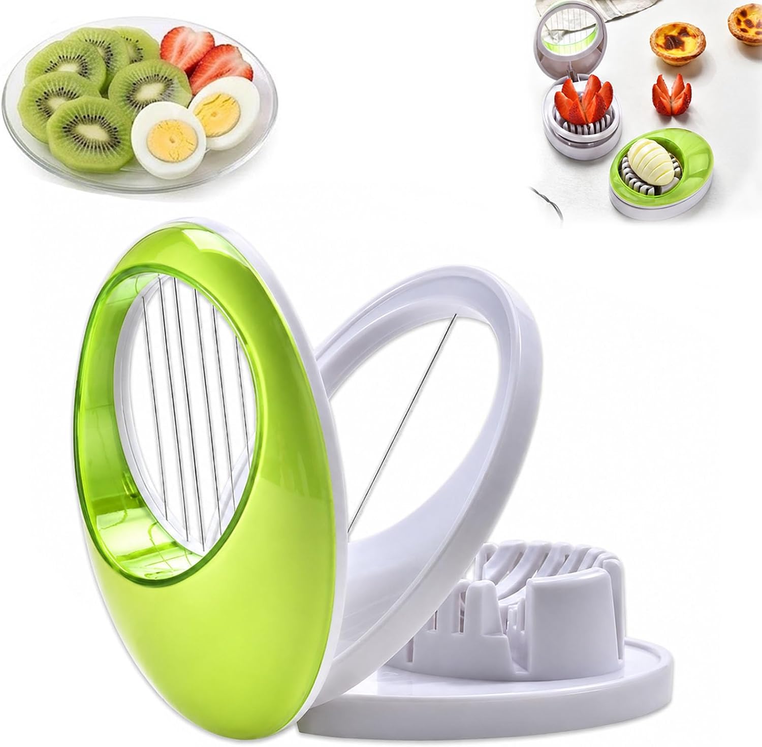 3 in 1 Eierschneider, Erdbeerschneider, einzeln gespannte Schneiddrähte aus Edelstahl, Eierköpfer Vielseitig für Eier, Kiwi, Pilze, Erdbeeren, weiches Obst