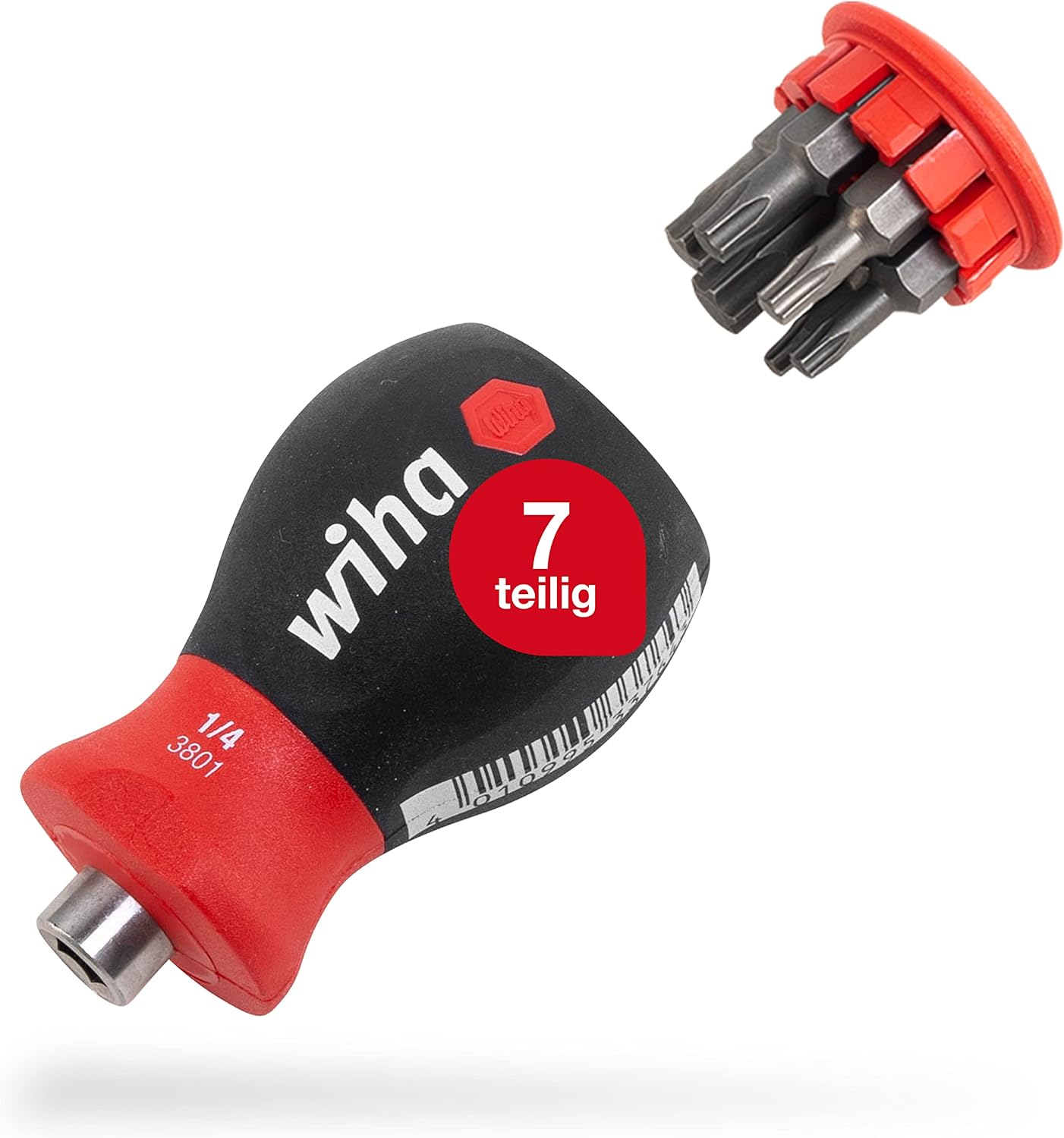 Wiha Magazin-Bithalter Stubby 3801-04 / Mini Schraubendreher mit 6 Bits im Griff / Schraubenzieher magnetisch mit Schlitz und Pozidriv Bits / 1/4"