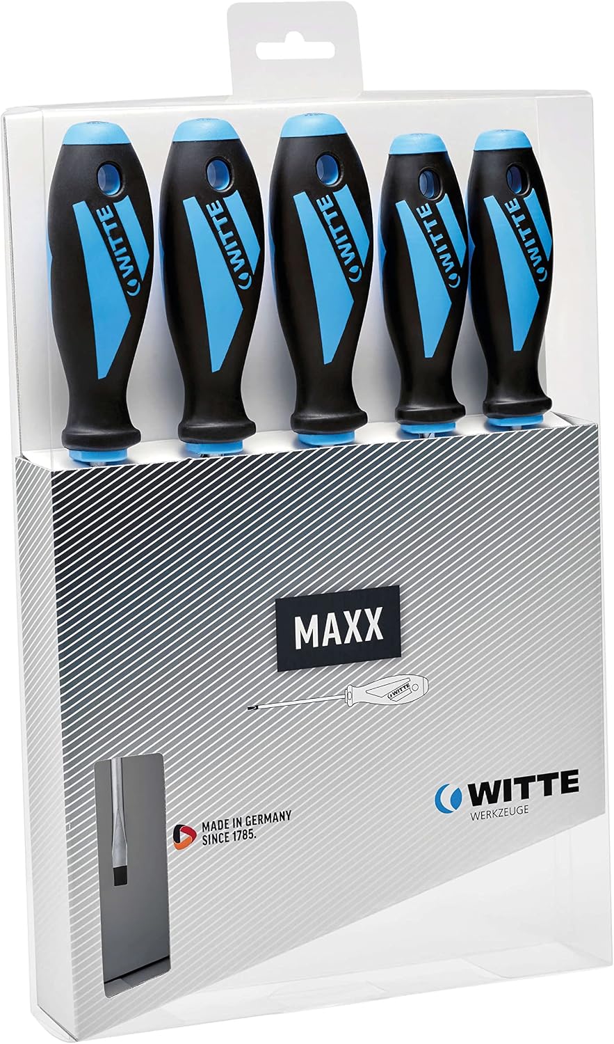 Witte 653866 Maxxpro-Schraubendreher-Satz 5-teilig, SB/PZ 1/PZ 2 in Kartonverpackung