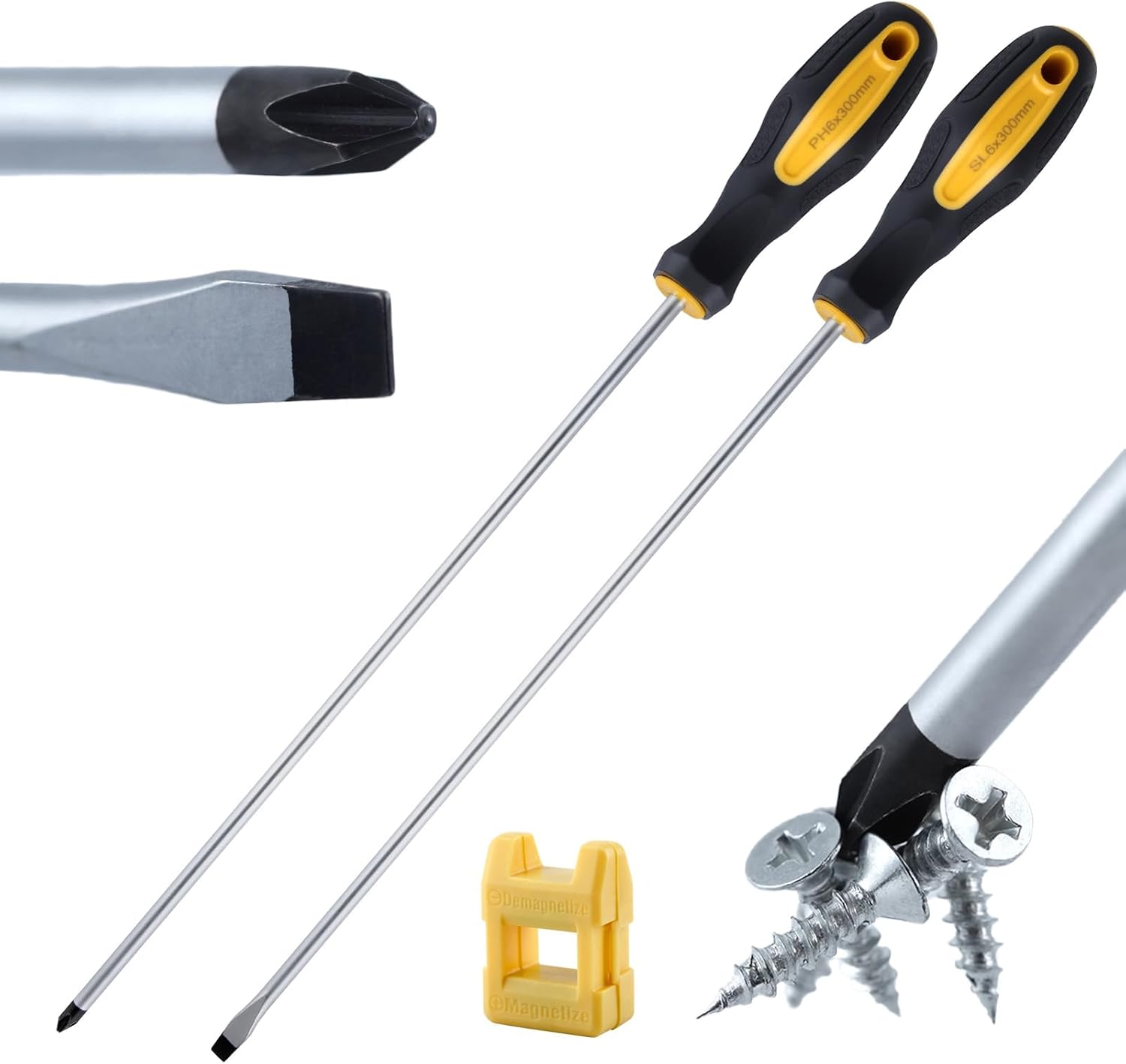 LEONTOOL 2 Stück 12 Zoll lange Schraubendreher, Schlitz- und Kreuzschlitzschraubendreher, erweiterter magnetischer Schraubendreher mit Magnetisierer, Entmagnetisierer