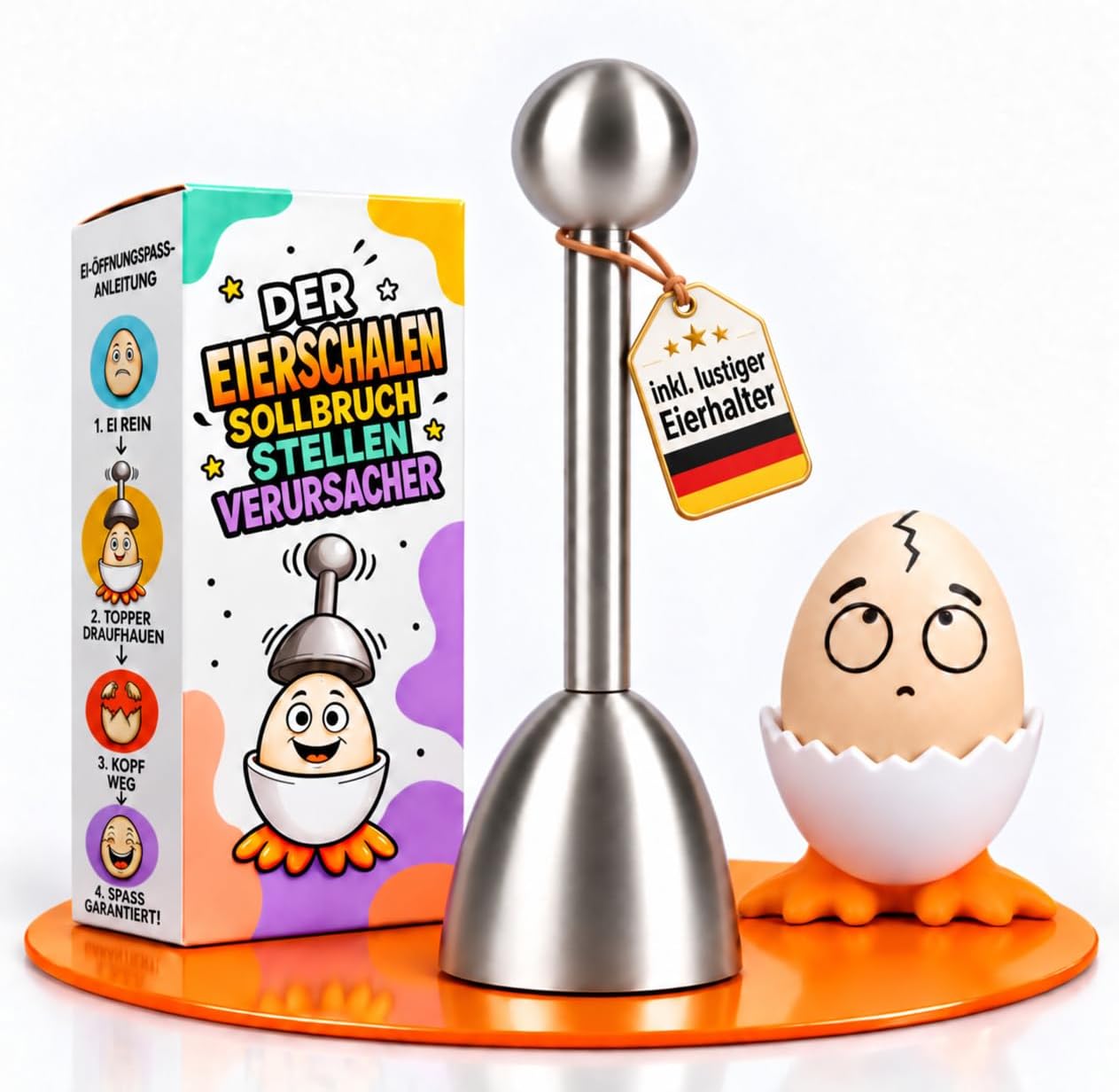 Lustiger Eierköpfer aus hochwertigem Edelstahl, Eieröffner, Eierschneider, extra Eierbecher lustig, Eierbecher Set Geschenk