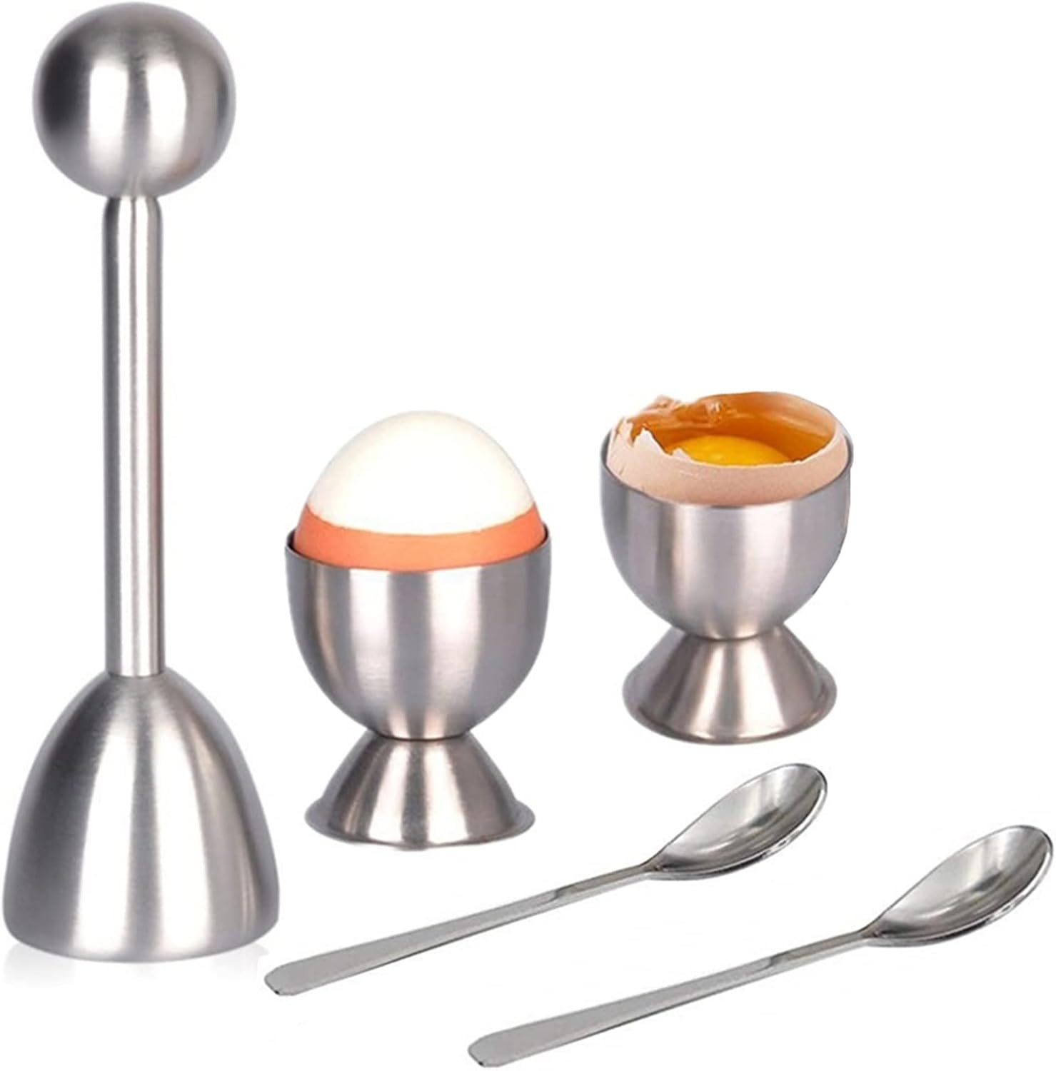 Eierschneider-Aufsatz-Set, 5-teilig, Edelstahl, Eieröffner, Eiertrenner, Eierknacker-Werkzeug für weiche und hart gekochte Eier (2 Eierbecher + 2 ovale Eierlöffel + 1 Eieraufsatzschneider)