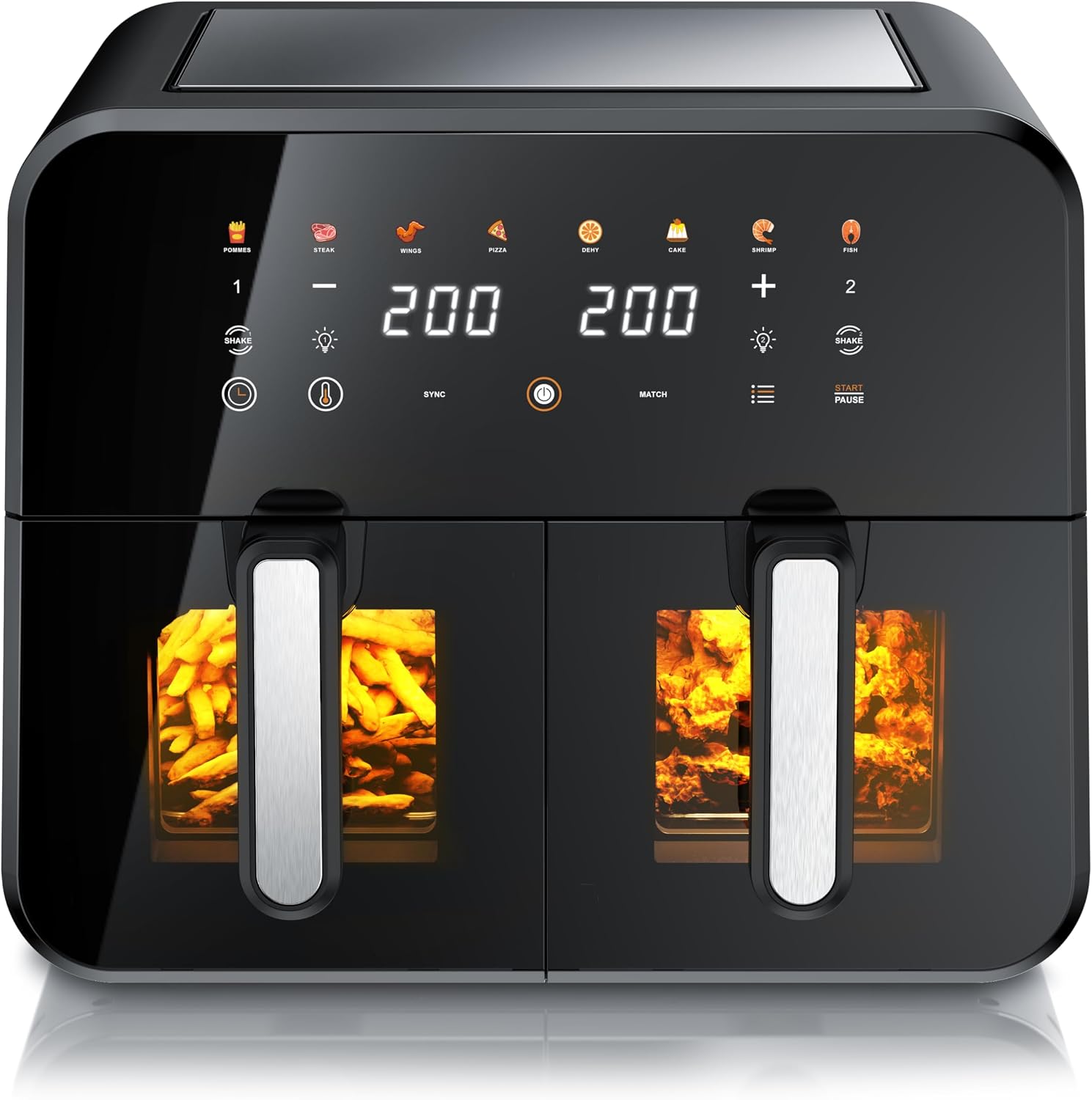 Arendo - XXL Heißluftfritteuse 11 Liter - 2 Kammern mit Fenster - extra Groß Dual Zone - Backofen Umluft - Grill - Airfryer mit Fenster - Dörrautomat - Fritteuse ohne Öl - Pizza Hähnchen Pommes