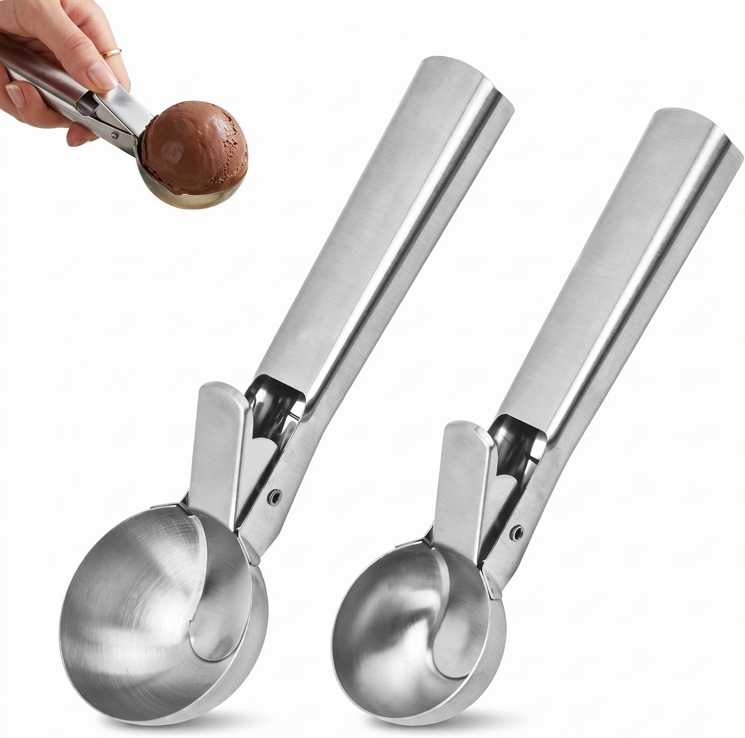 2 Stück Eisportionierer Edelstahl Set mit Auslöser, Große und Kleine Eiskugelportionierer für Hartes Eis, Eislöffel Portionierer für Eiscreme, Teig und Dessert