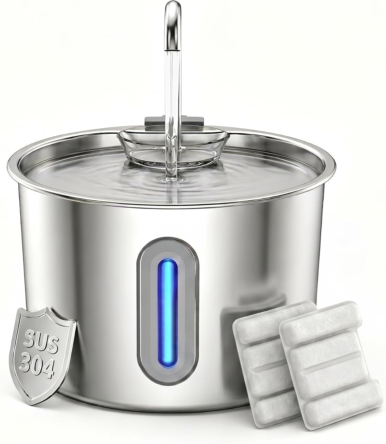 Edelstahl Trinkbrunnen für Katze 2.2L mit Sichtfenster & 2 Aktivkohlefilter Leise/Für Kleine Hunde / 1 Reinigungsbürste