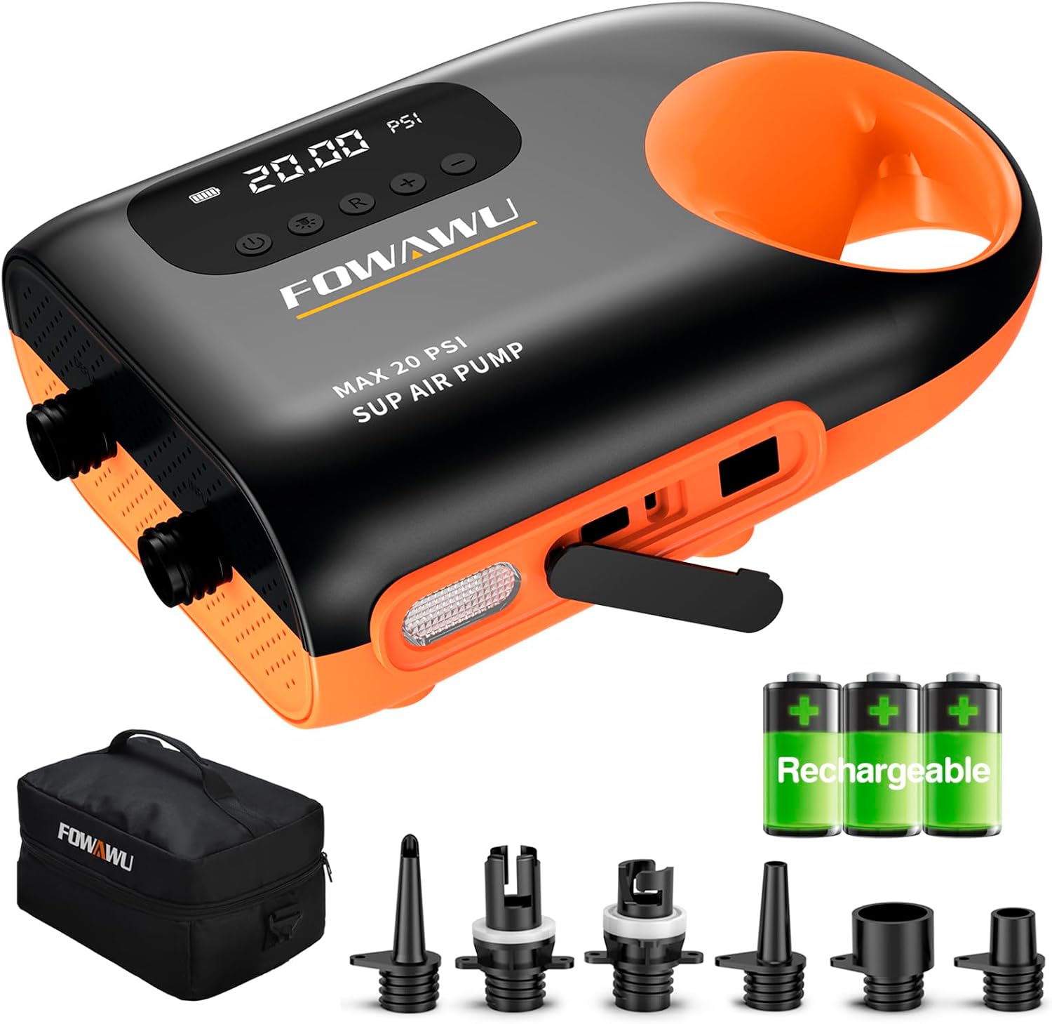 FOWAWU 3 * 7800mAh SUP Pumpe Elektrisch Akku,20 PSI Elektrische SUP Luftpumpe, 12 V DC Schnellladung Akku Pumpe Sup Board, Auto-Off für Aufblasbare Stand Up Paddle Boards, Boote, Kajak, Kitesurf