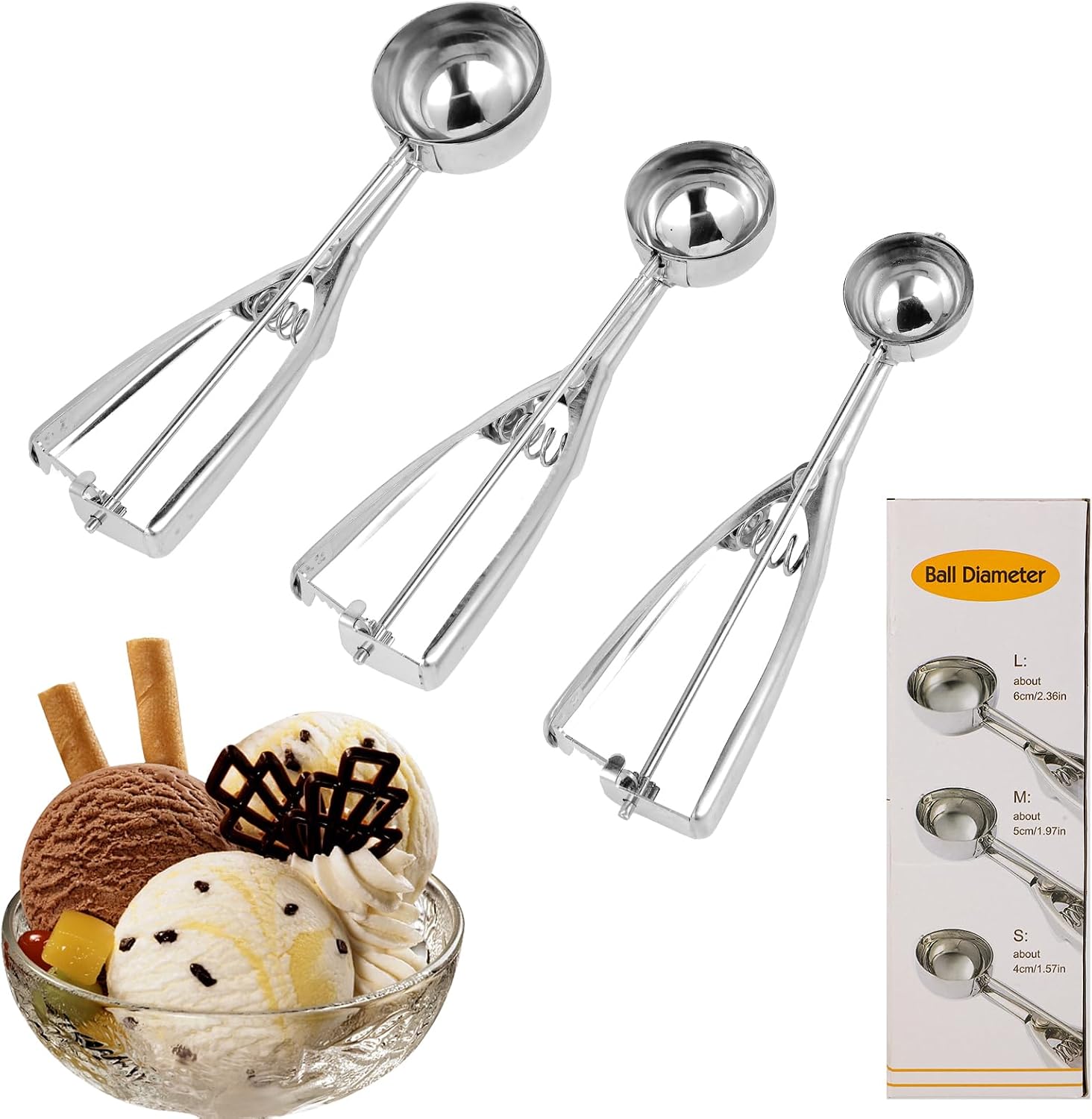 Eisportionierer, Edelstahl,3er Set Eislöffel 3-in-1, Größen 4/5 / 6 Cm, Robust Und Rostfrei, Ideal Für Eisbecher, Eiswaffeln Und Obst