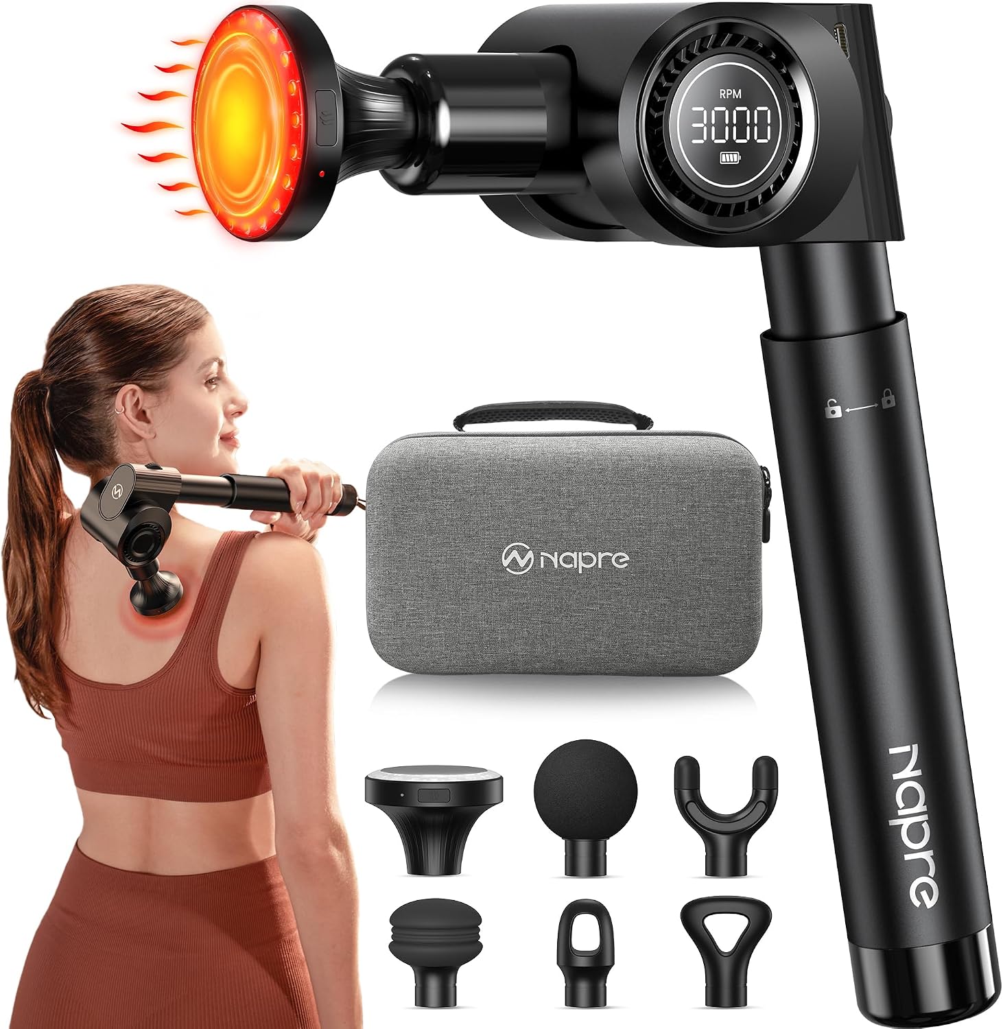 Massagepistole mit Wärmefunktion und Rotlichttherapie,Napre Massage Gun Massage Pistole mit Verlängerung,Muskel Percussion Massagegerät für Schulter Körper Rücken Entspannung,32 Geschwindigkeiten