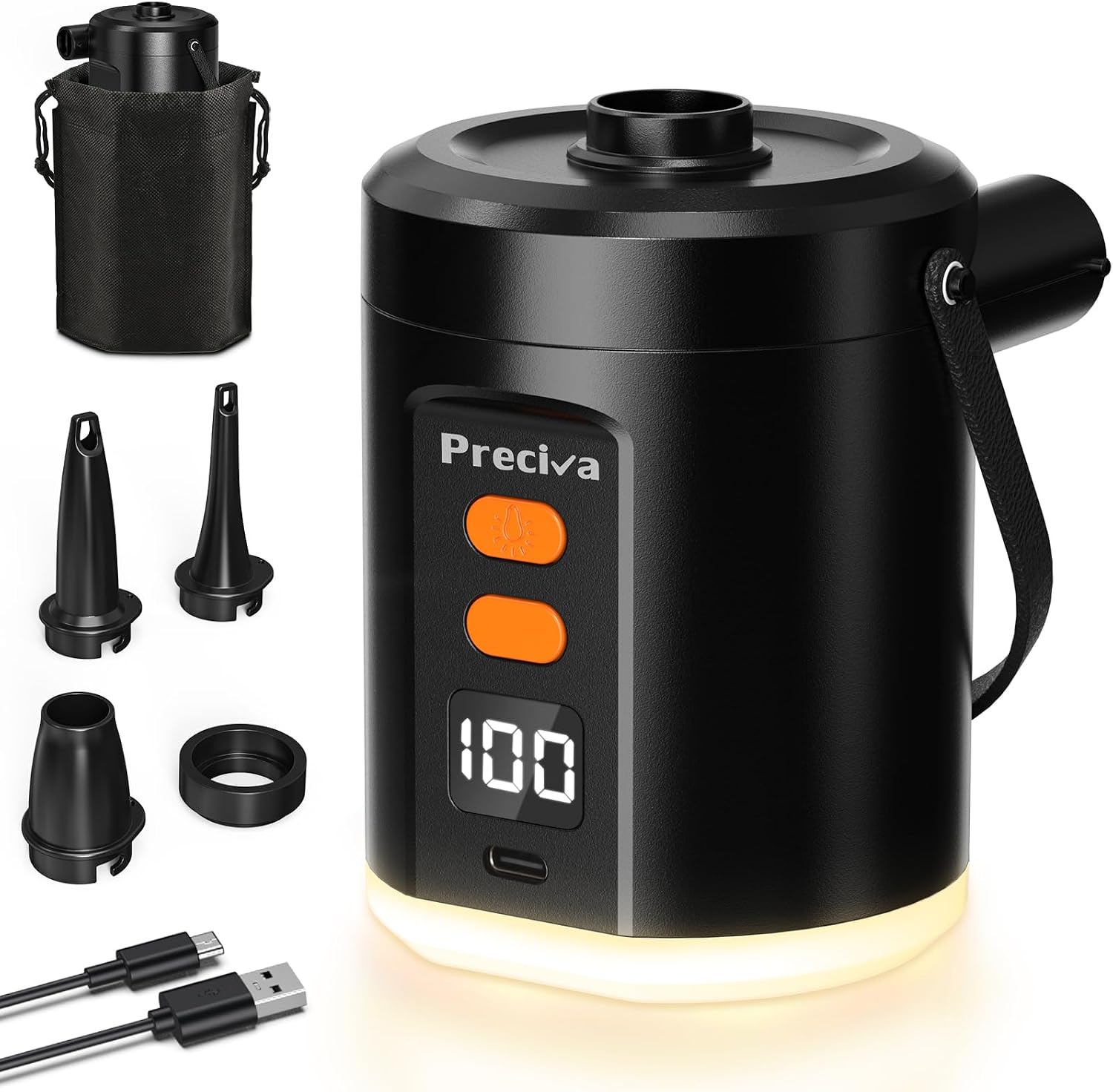 Preciva Elektrische Luftpumpe mit Akku, 5000mAh USB-C wiederaufladbar, 280L/Min 4kPa, Kompakte Camping-Luftpumpe mit 3 Düsen & LED-Licht & Tasche, für Luftmatratzen Schwimmreifen Strand Garten