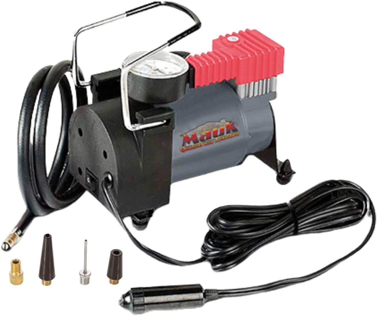 MAUK® KFZ Mini Druckluft Kompressor 12V 10 bar – elektrische Autopumpe/Luftpumpe inkl. Manometer & 4 Adapter für Reifen, SUP Board, Fahrrad, Fußball, Handball, Luftballons | 3m Kabel