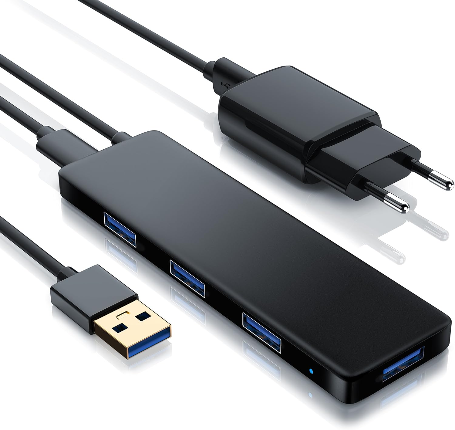 CSL - USB 3.0 Hub mit Netzteil - Ultra Slim 4-Port Verteiler - Datenhub für PC PS4 Notebook Netbook Laptop Ultrabook Tablet-PC MacBook - Bus-Powered - Blue Power LED - inkl. Netzteil