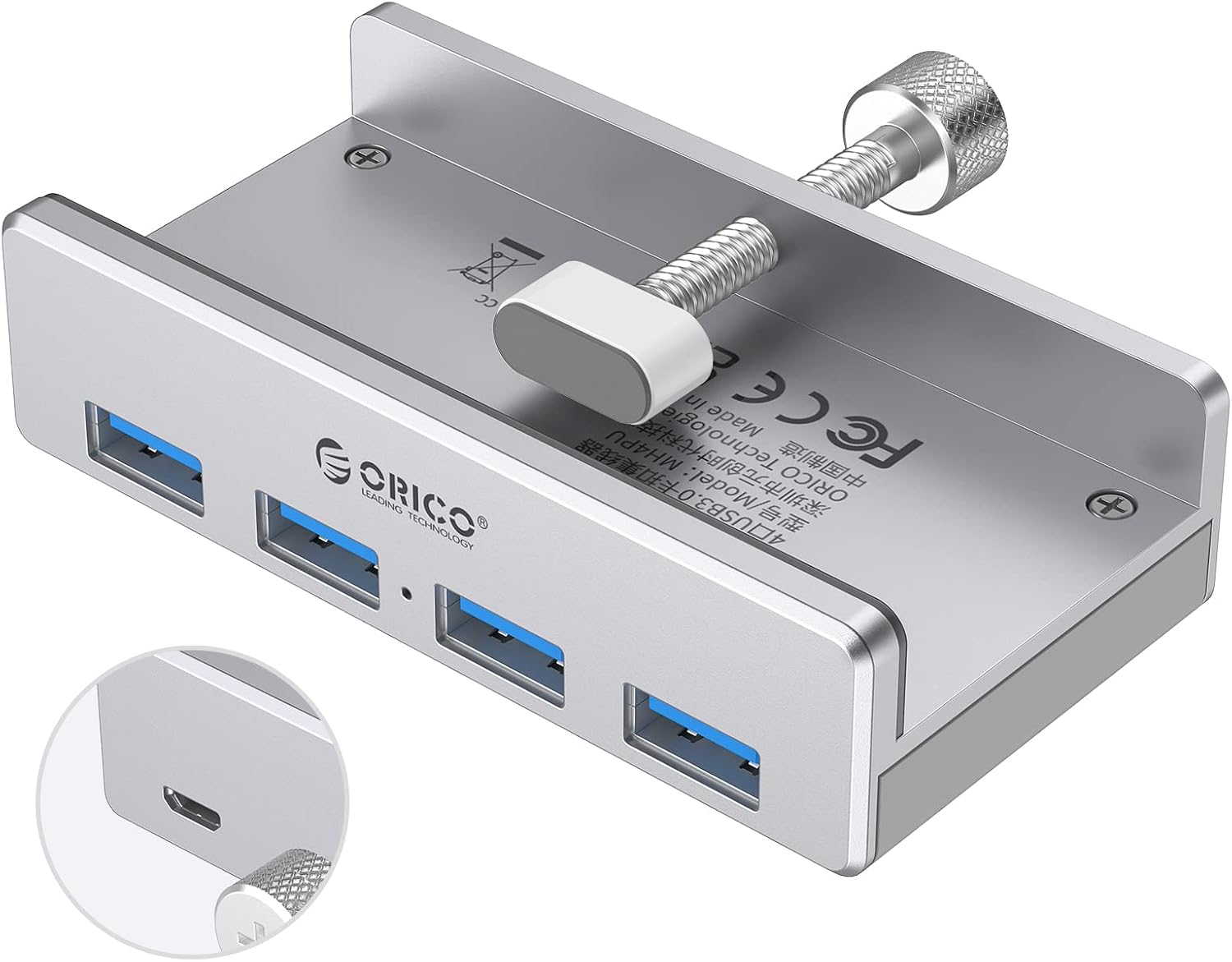 ORICO USB Hub Clip-Typ, 4 Port USB 3.0 Hub 5 Gbps Super Speed Mini Aluminum Datenhub Mit 150cm Kabel (A to A, Schwarz) für Monitoren、Schreibtischen (Ohne Netzteilanschluss) - Schwarz