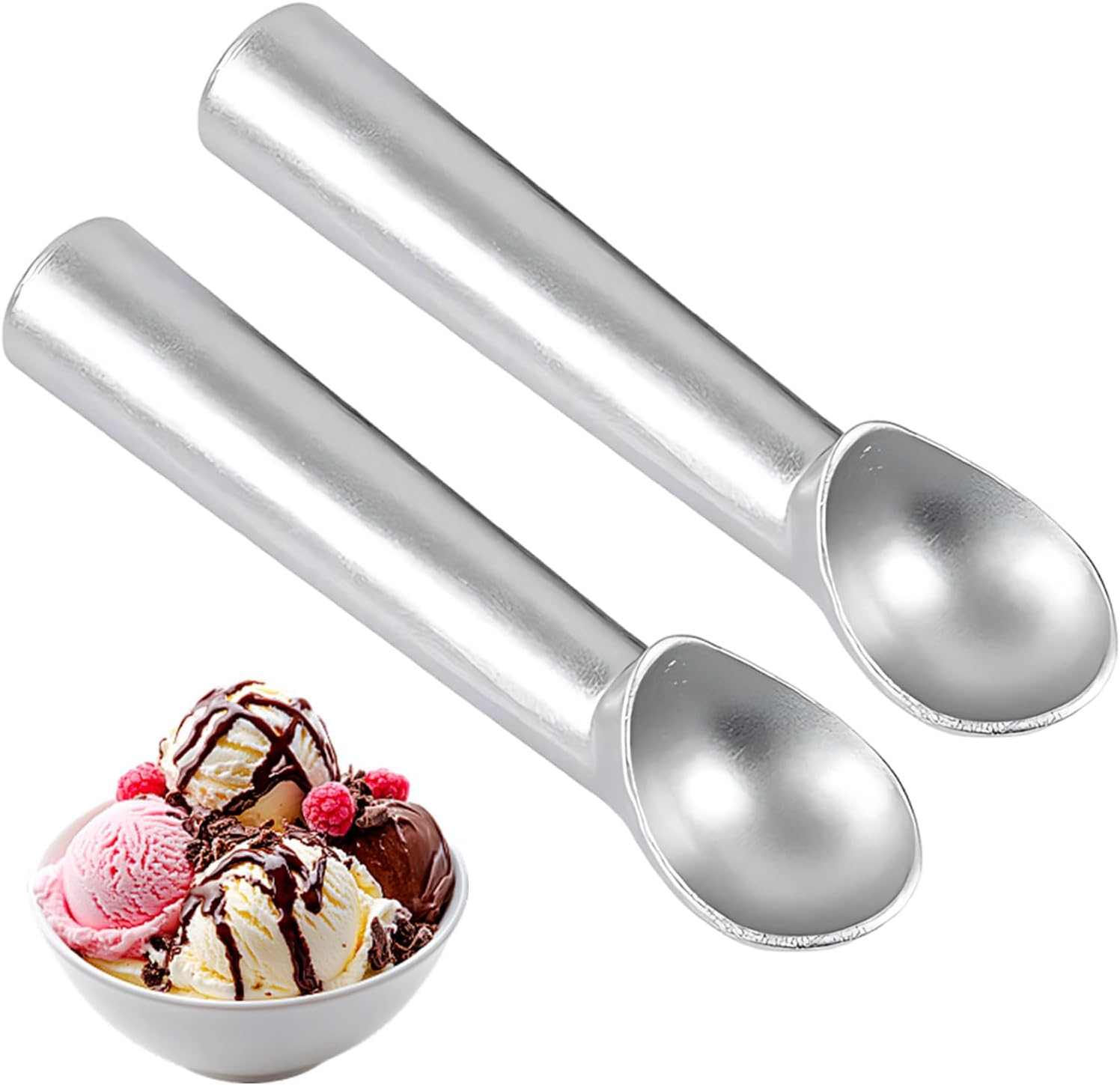 2 Stück Eisportionierer Eislöffel, Eislöffel Portionierer mit Antihaftbeschichtung, Robuster Eiskugelportionierer für Eiscreme, Gelato & Gastronomie, Silber