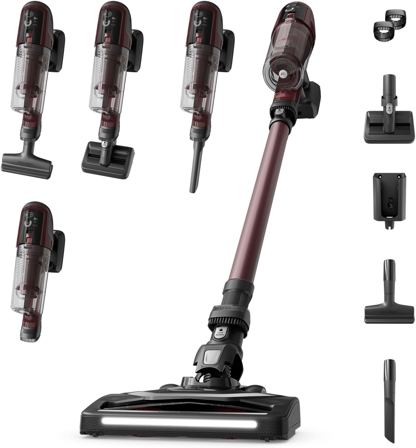 Rowenta X-Pert 6.80 kabelloser Akku-Stabstaubsauger, leistungsstarke 100 AW, Lange Laufzeit bis zu 60 min, LED-Düse, als Handstaubsauger nur 1,4 kg, inkl. Tierhaar-Zubehör, Weinrot, RH6483E0