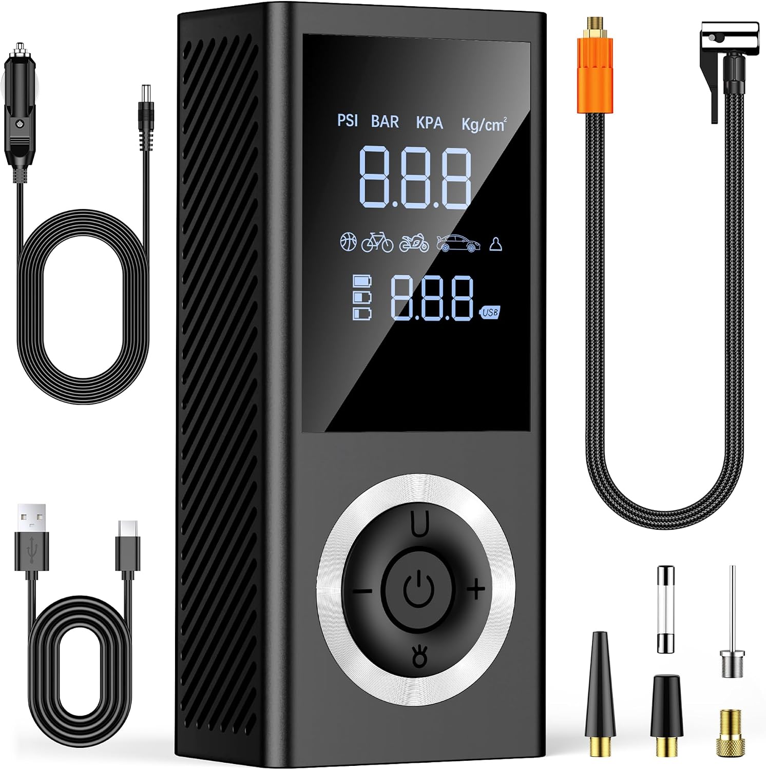 150PSI Elektrische Luftpumpe Tragbare Autoluftpumpe mit 2,4" LCD Bildschirm Akku/12V, LED-Licht, Auto-Stopp, 4 Adapter für Auto/Motorrad/Fahrrad/Ball, Ideal für Camping, Reisen & Notfälle