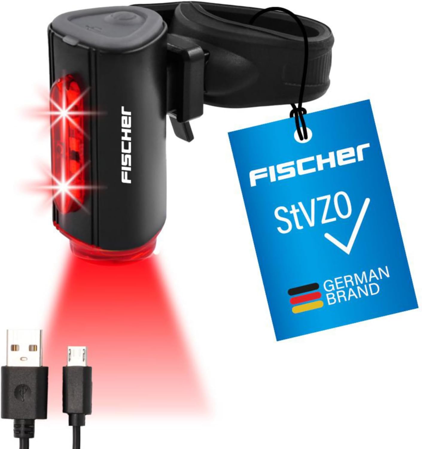 Fischer LED Akku Stableuchte, Rücklicht, Fahrradbeleuchtung, Fahrrad-Rückleuchte, aufladbar, Schutzart IPX4, schwarz