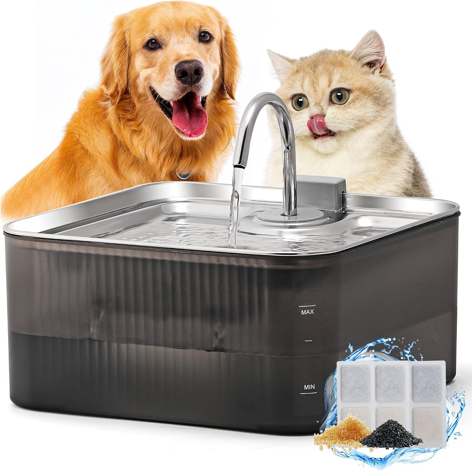 FUKUMARU 7L Trinkbrunnen für Hunde，Katzenbrunnen mit 5-Schicht Filtration，Edelstahl Hundebrunnen mit Leiser Pumpe, mit Überlastschutz, für große Hunde/Mehrere Katzen, mit 3 Filter
