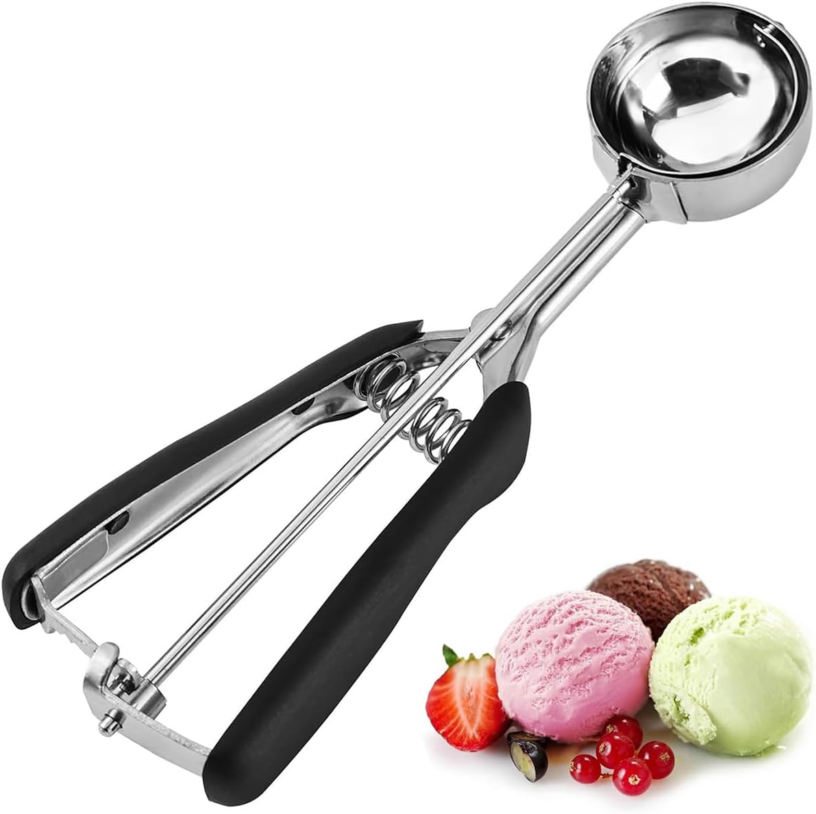 Eisportionierer Edelstahl, Eislöffelmit Auslöser und Komfortablem Griff für Eiscreme, Melonenkugeln, Kartoffelpüree, Teig, Kuchen, Spülmaschinenfest(23x5cm, Schwarz)