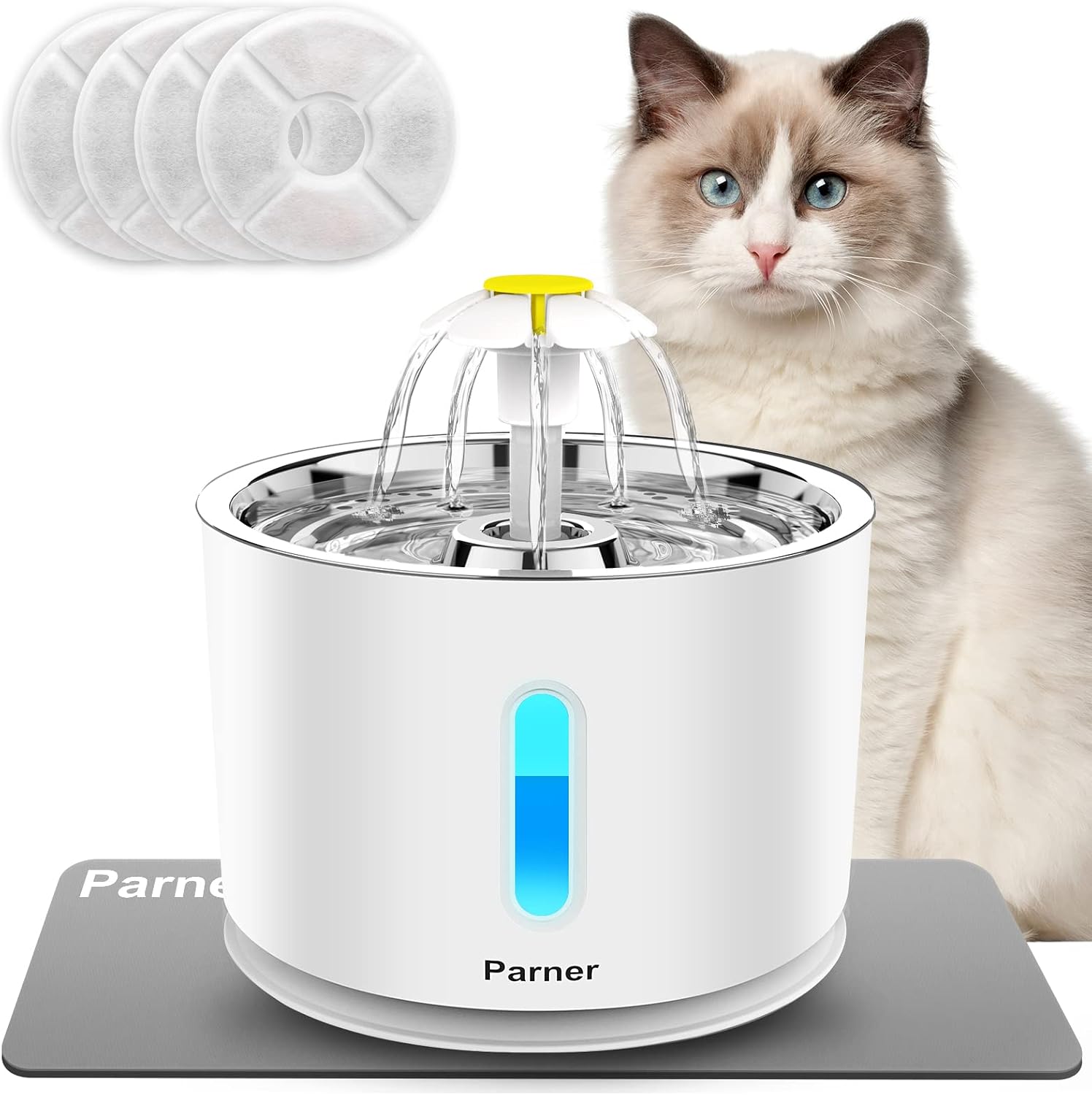 Parner Katzenbrunnen, Trinkbrunnen Wasserspender für Katzen mit Wasserstand Fenster, 2.4L Cat Water Fountain Rostfreier mit 4 Stück Hygienefilter & 1 Silikonmatte für Haustiere (WF01)