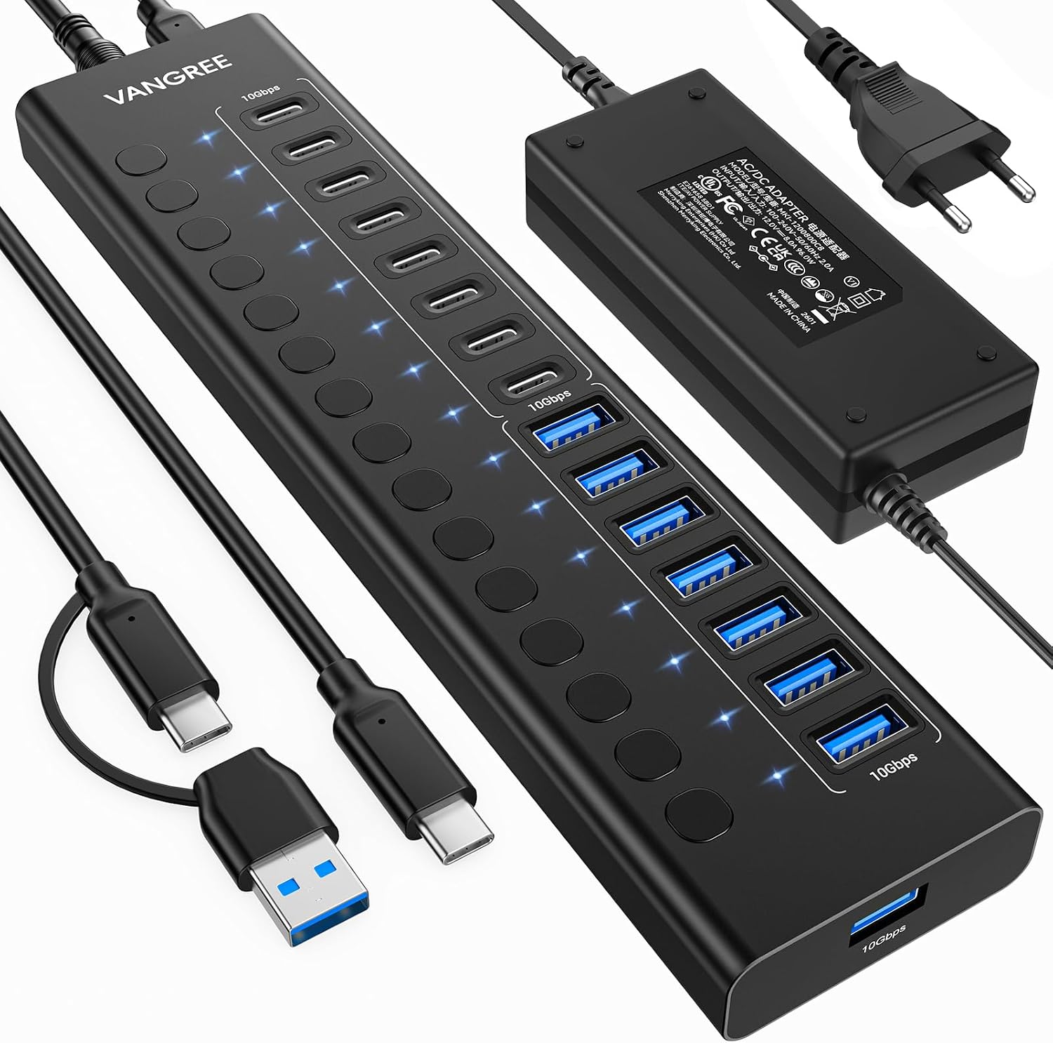 VANGREE Powered USB Hub, 16 Ports 10Gbps USB C Hub, 8X USB-A + 8X USB-C