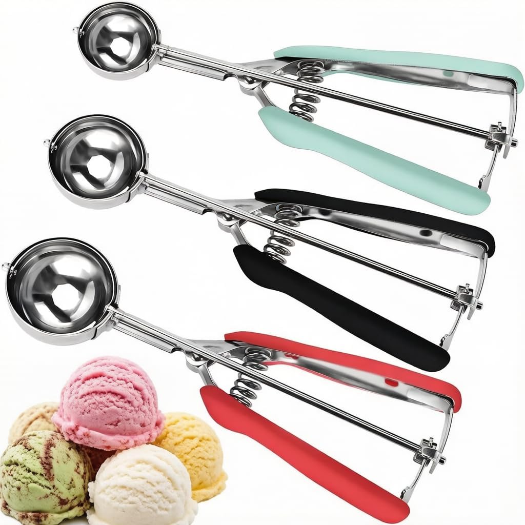 Eisportionierer Edelstahl, 3 Stück Eislöffel Set, Eiskugelportionierer mit Auslöser Griff Für Eiscremekugel, Backen, Melonenkugel(5,3 cm Rot, 4,4 cm Schwarz, 4,0 cm Grün)