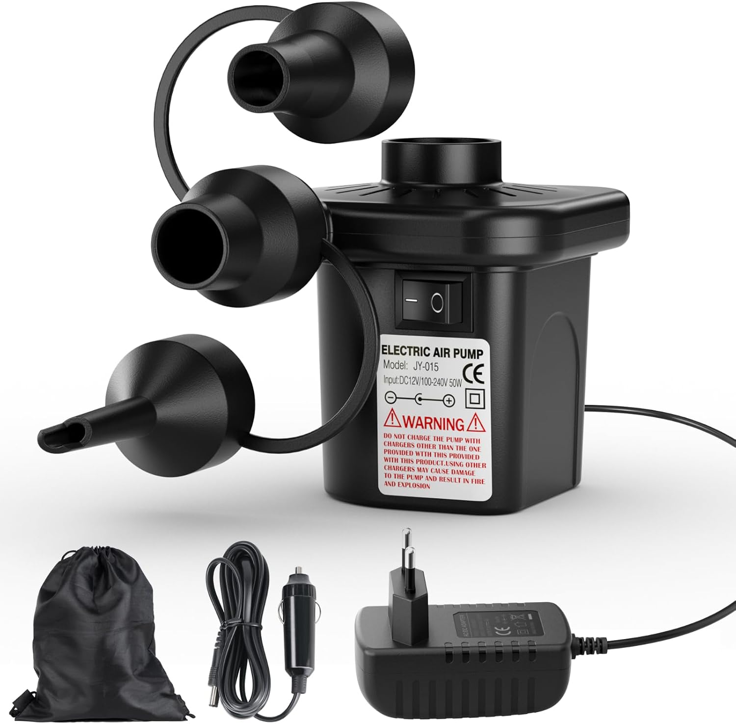 Elektrische Luftpumpe, Luftpumpe für luftmatratzee mit 3 Düsen, 240V AC / 12V DC, Inflate und Deflate Elektrische Pump für Camping im Freien, Luftmatratzenbetten, Boote, aufblasbare Kissen
