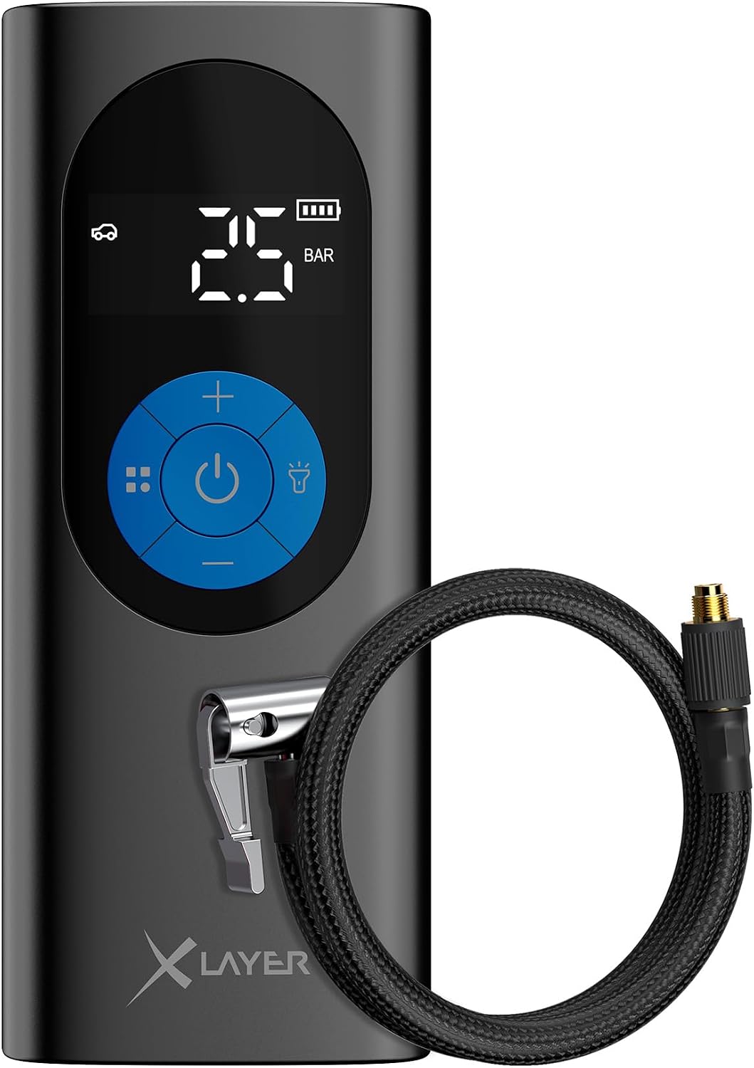XLayer Elektrische Luftpumpe mit 6.000 mAh | Mobiler Akkukompressor für Auto, Fahrrad, Motorrad, Luftbett und Bälle | LED Taschenlampe | Tragbar | LCD Display |2.0 10.0 bar Black/Blue